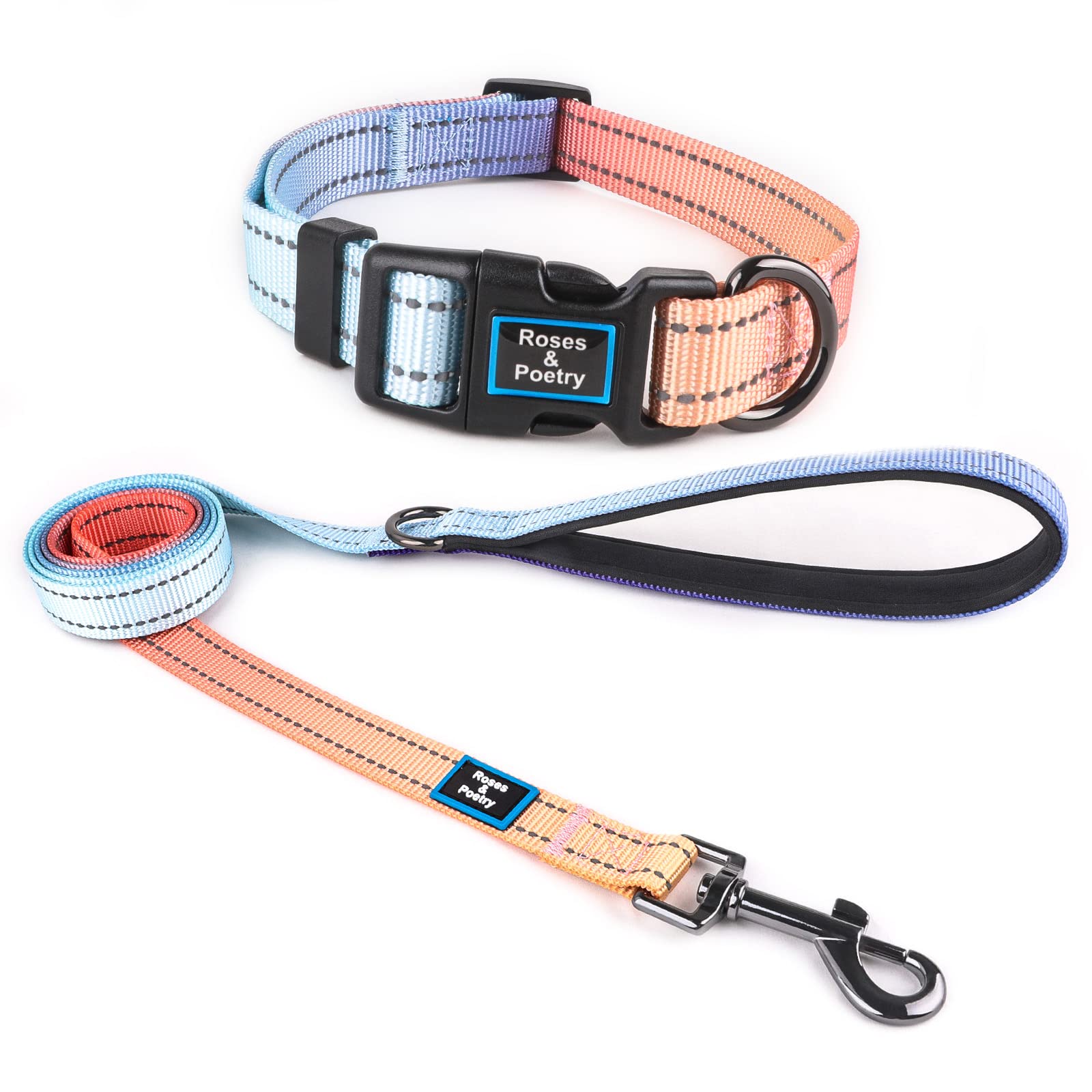 Roses&Poetry Reflective Dog Collar And Lead With Gradient Azure,Adjustable Durable Pet Collars Leash For Medium Large Dogs (Azure-M