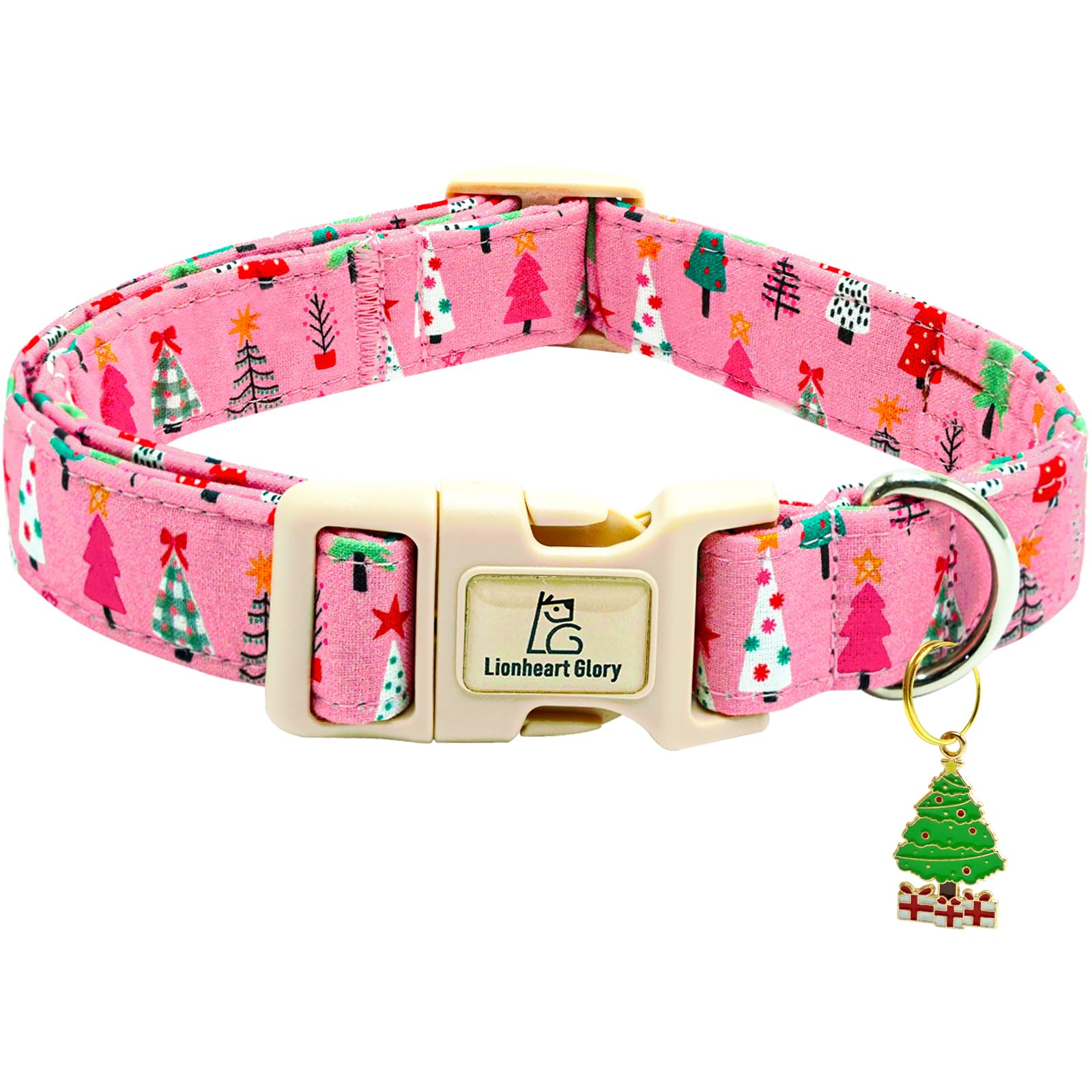 Lionheart Glory Christmas Dog Collar, Pink Christmas Tree Adjustable Soft Comfortable Collar For Medium Dogs For Girls Or Boys