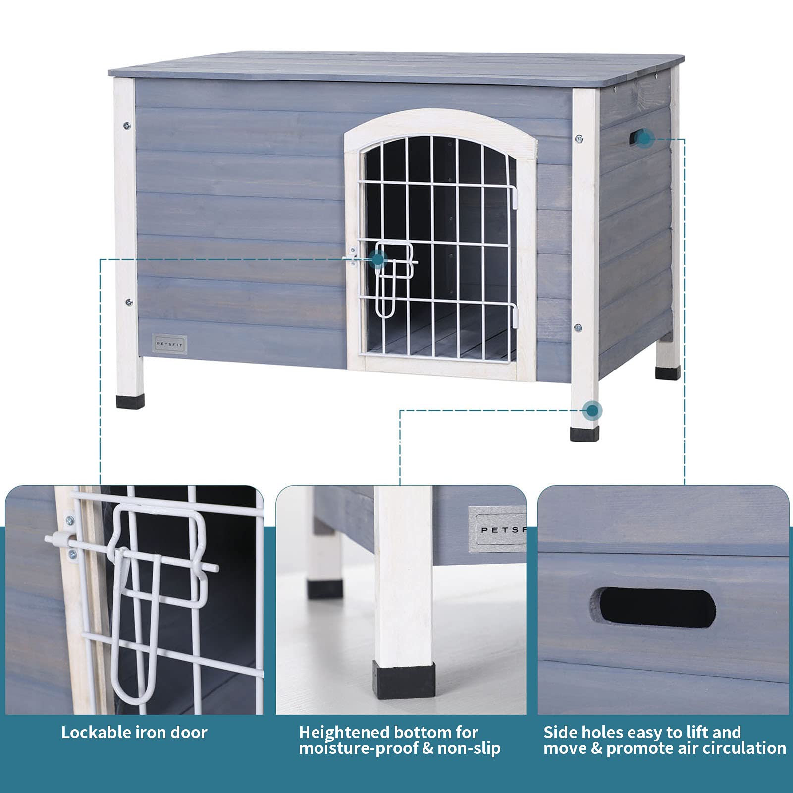 Petsfit Small Dog House For Small Dogs Indoor, Wooden Dog House With Elevated Floor&Anti-Slip Bottom, 31.5''L  21.5''W  21''H