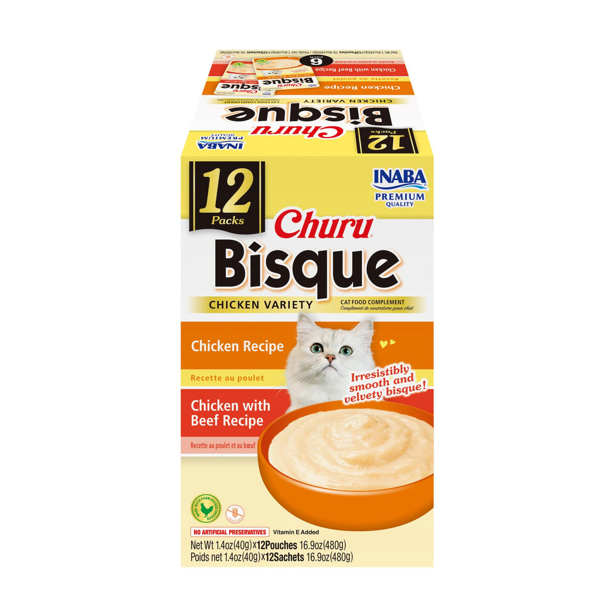 Inaba Churu Bisque For Cats, Creamy Lickable Purée Side Dish With Vitamin E, 1.4 Ounces Per Pouch, 12 Pouches, Chicken Variety