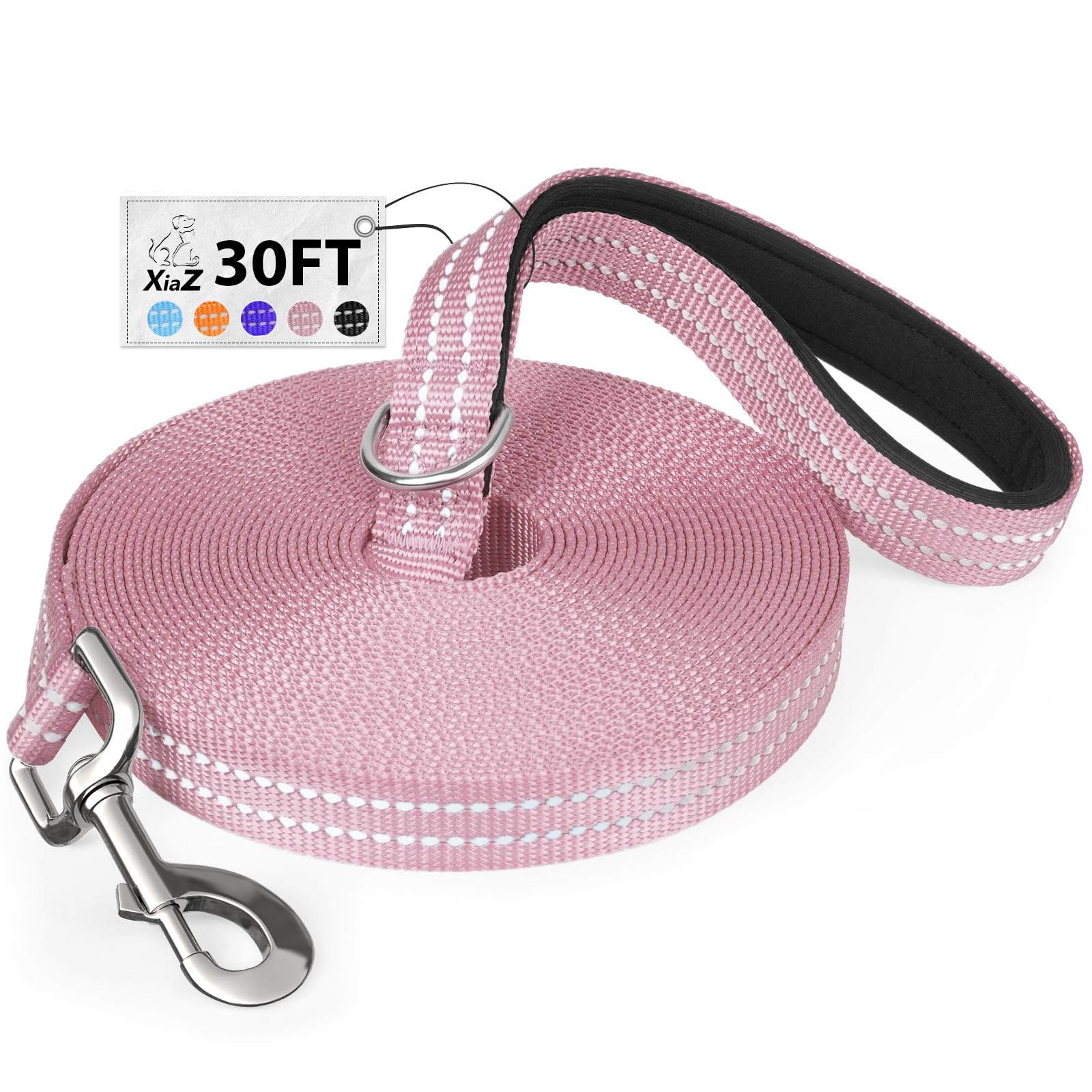 Xiaz 30 Feet Dog Training Leash, Nylon, Pink, Reflective, Padded Handle, 550 Lbs Bearing, Lightweight Suitable For Small, Medium