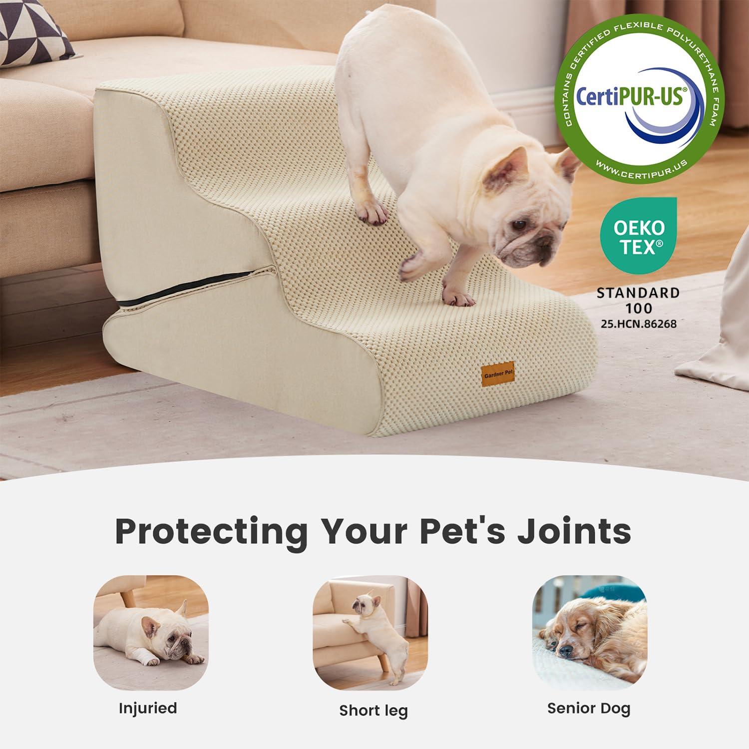 Gardner Pet Dog Stairs for Small Dogs 16.5 H, 2 in 1 Transformable 3-Step Pet Stairs and Dog Ramp for Couch (13-20 in), Beige Ad