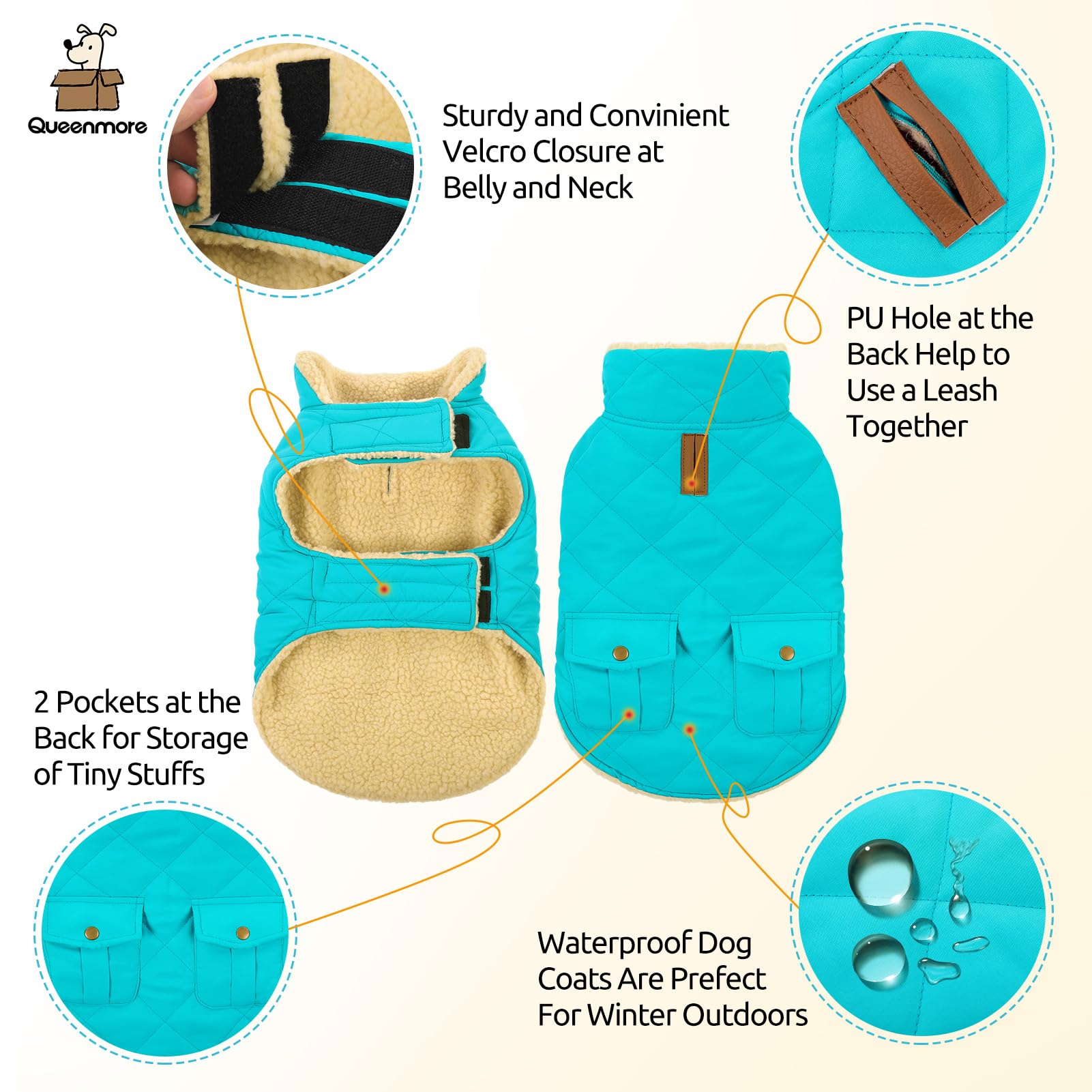 Queenmore Warm Puffer Dog Coat, Quilting Winter Jacket Ultra Thick Plush Fleece Lining Pet Clothes For Dogs With Storage Pockets