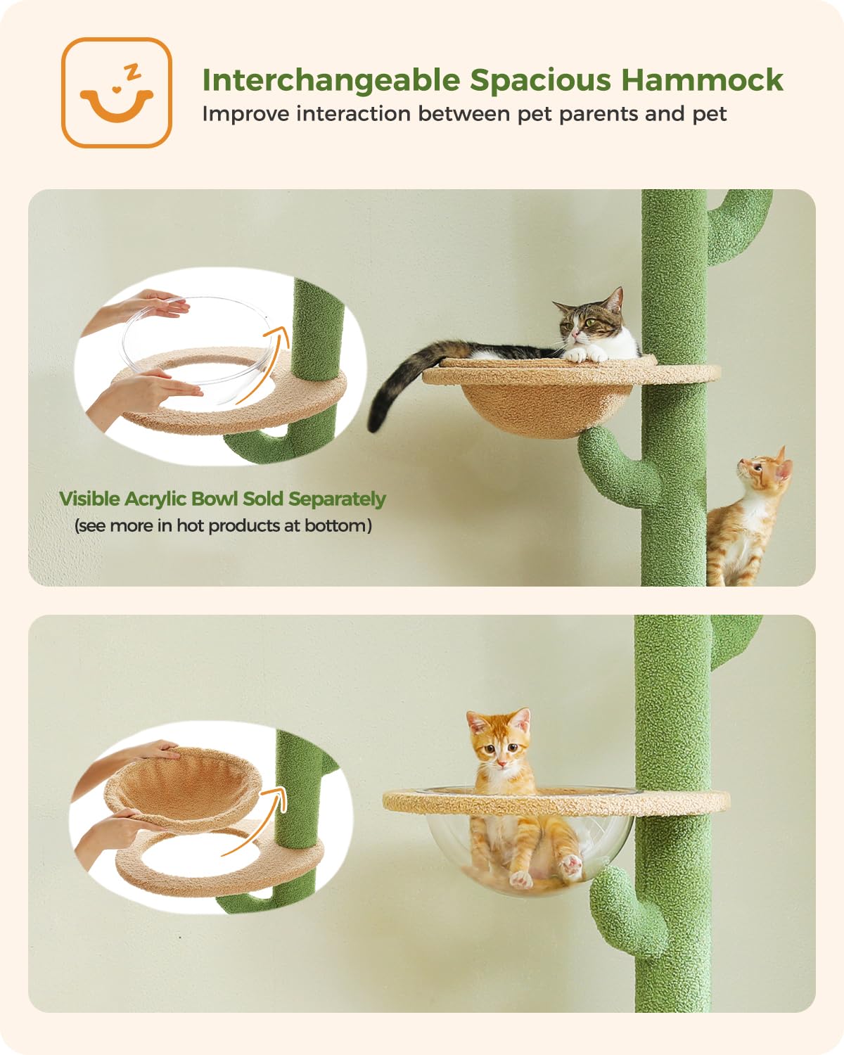 Petepela Floor To Ceiling Cat Tree [87''-100''] Height Adjustable, 5 Levels Cactus Cat Tower With Perch&Replaceable Hammock(Visi