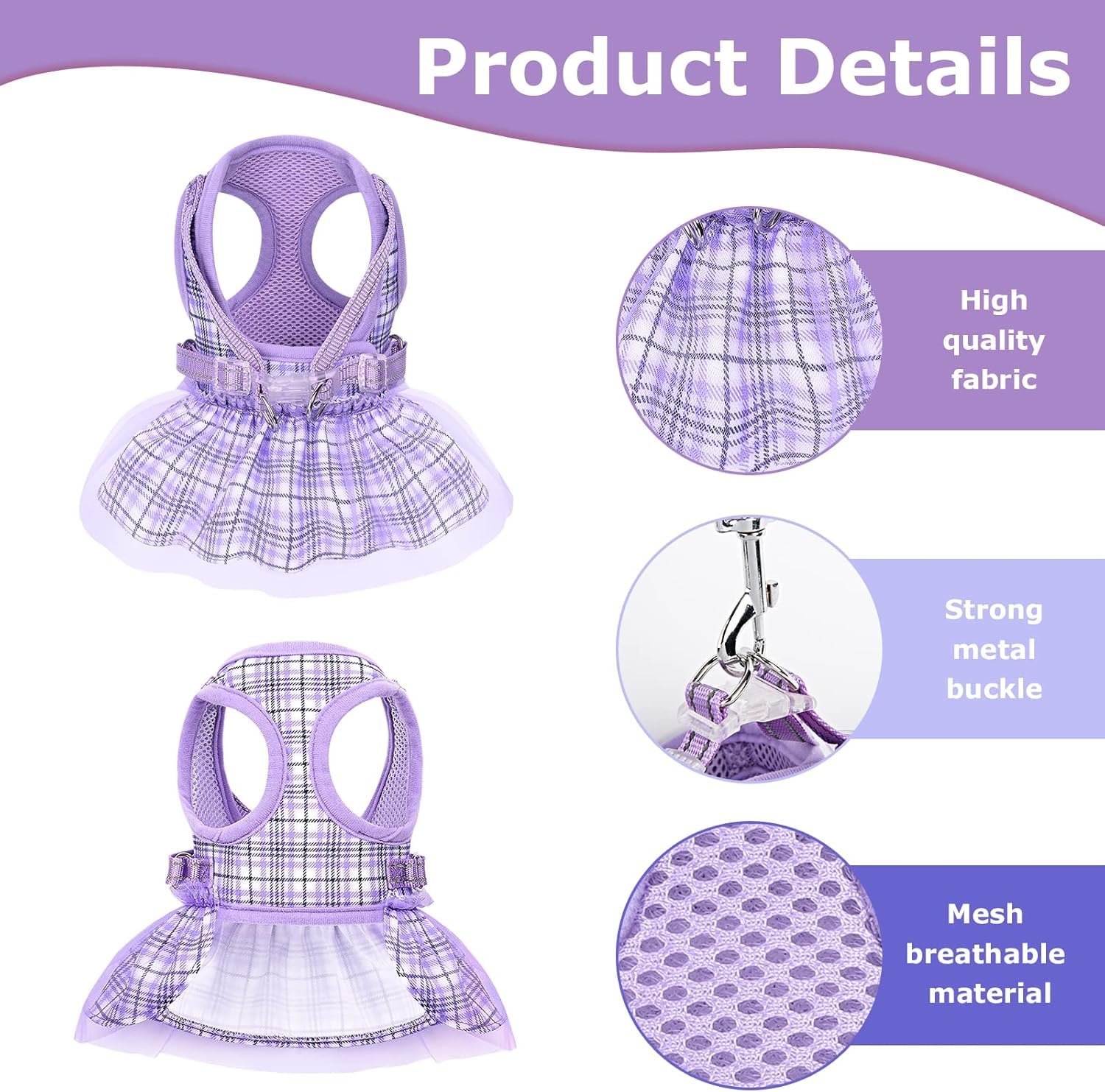 Small Dog Dress Harness Girl Female, No Pull Harnesses Outfit Apparel, Summer Adjustable Puppy Plaid Skirt Vest Cat Clothes (Pur
