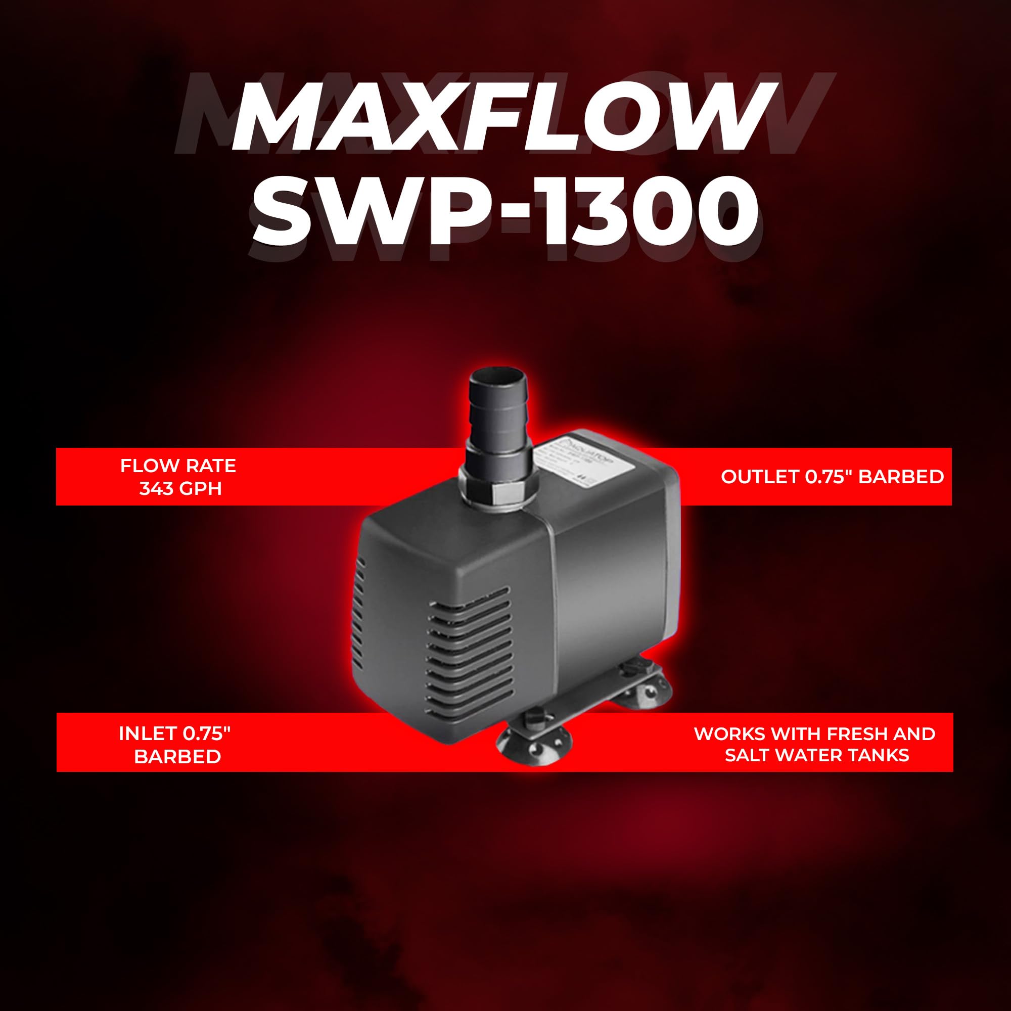 Aquatop MaxFlow Submersible Pump 343 GPH, Adjustable Flow, Plastic, Model SWP-1300, Efficient for Aquariums and Statuary