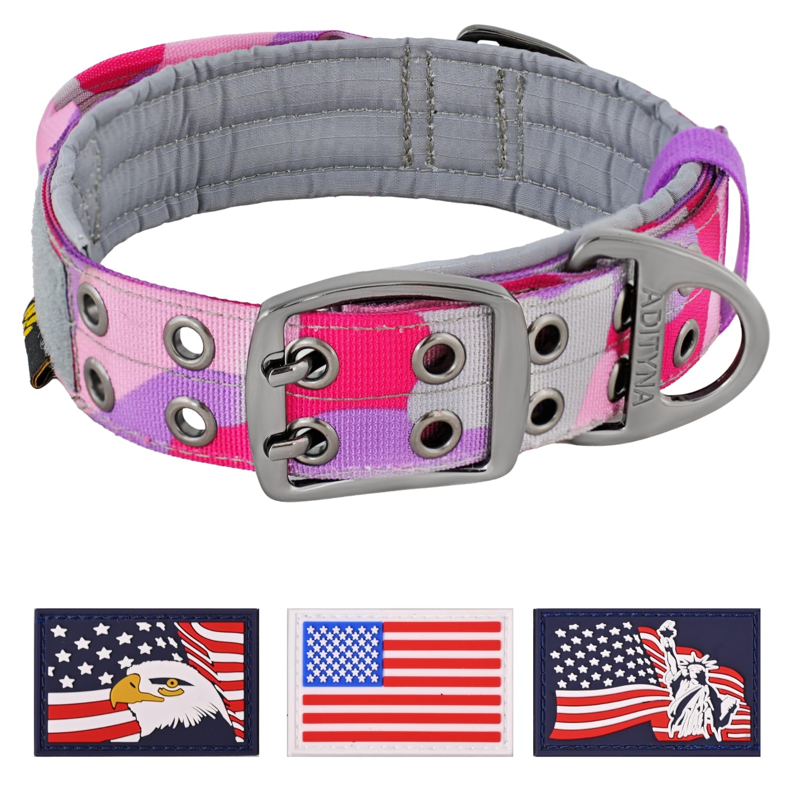 Adityna Heavy Duty Dog Collar For Medium Dogs - Camo Pink Purple Collar With Handle For Training, And Walking - Wide, Thick, Tac