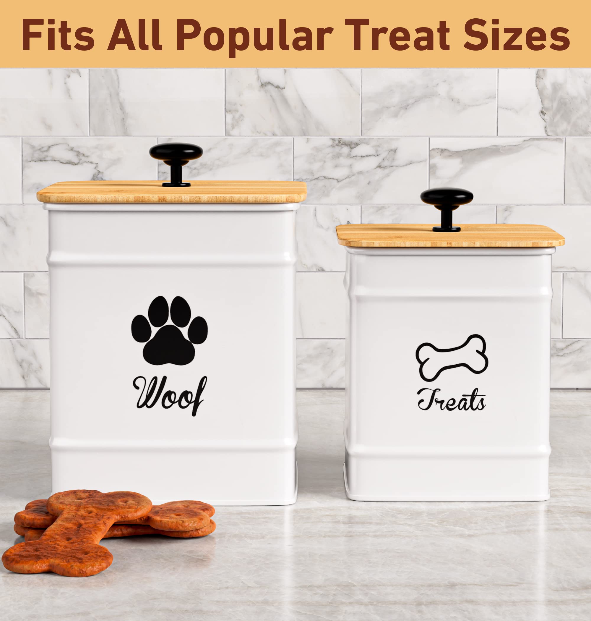 Dog Treat Container Airtight Set of 2 - 8x6 & 7x5 inch Iron Dog Treat Jars for Kitchen Counter with Airtight Bamboo Lids - 20 Cu