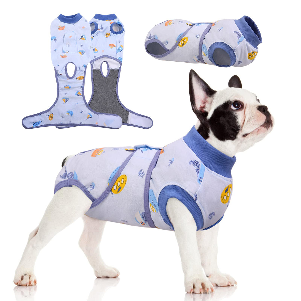 Fuamey Recovery Suit For Dogs After Surgery,Soft Breathable Dog Bodysuit E-Collar & Cone Alternative Surgical Suit,Male Female Dog Neuter Spay Suits Anti Licking Wounds Onesie Blue Boat L