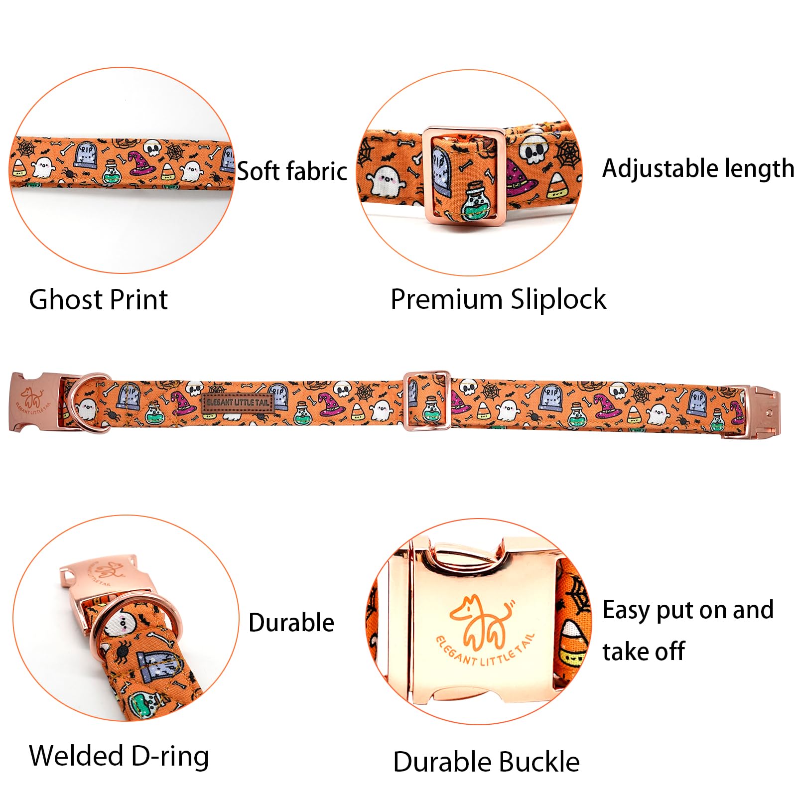 Elegant Little Tail Pumpkin Print Cotton Adjustable Dog Collar For X-Small Puppy