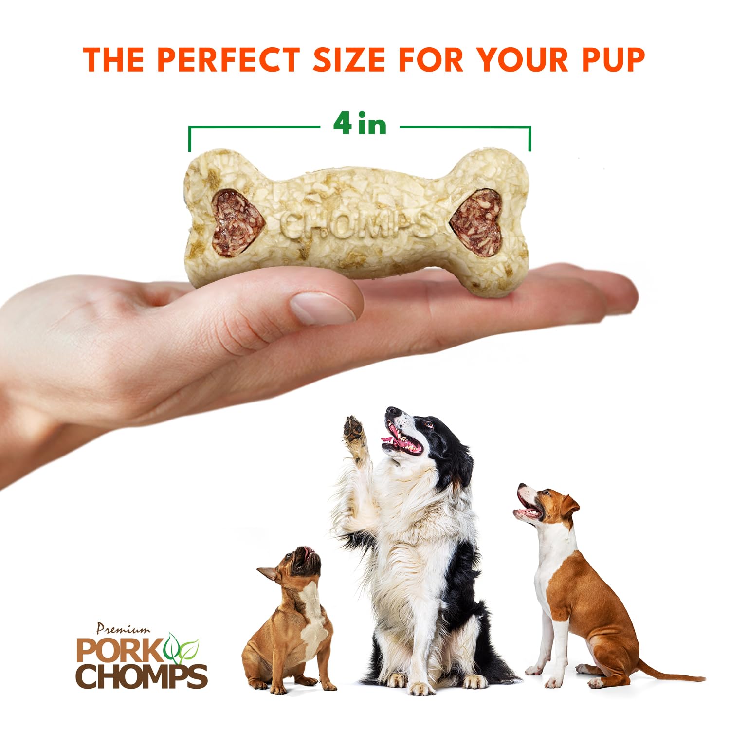 Pork Chomps Dog Chews, 4-inch Crunchy Bones, Bacon and Chicken Flavor, 12 Count