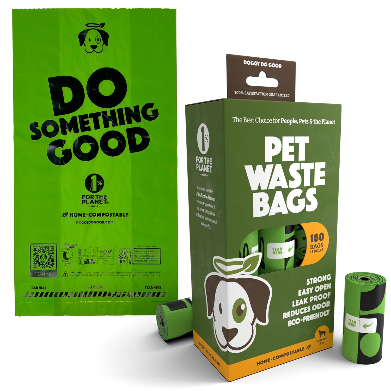 Doggy Do Good Poop Bags | Dog Waste Bags | Unscented, 38% Vegetable-Based, Thick & Leak Proof, Easy Open | Standard Size | 180 C