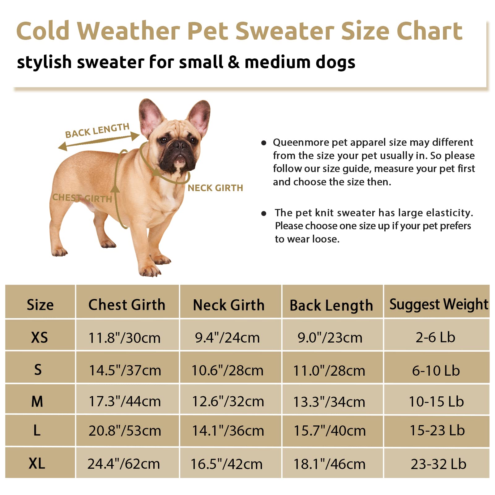 Queenmore Small Dog Pullover Sweater, Cold Weather Cable Knitwear, Classic Turtleneck Thick Warm Clothes For Chihuahua, Bulldog, Dachshund, Pug (Light Brown, X-Large)
