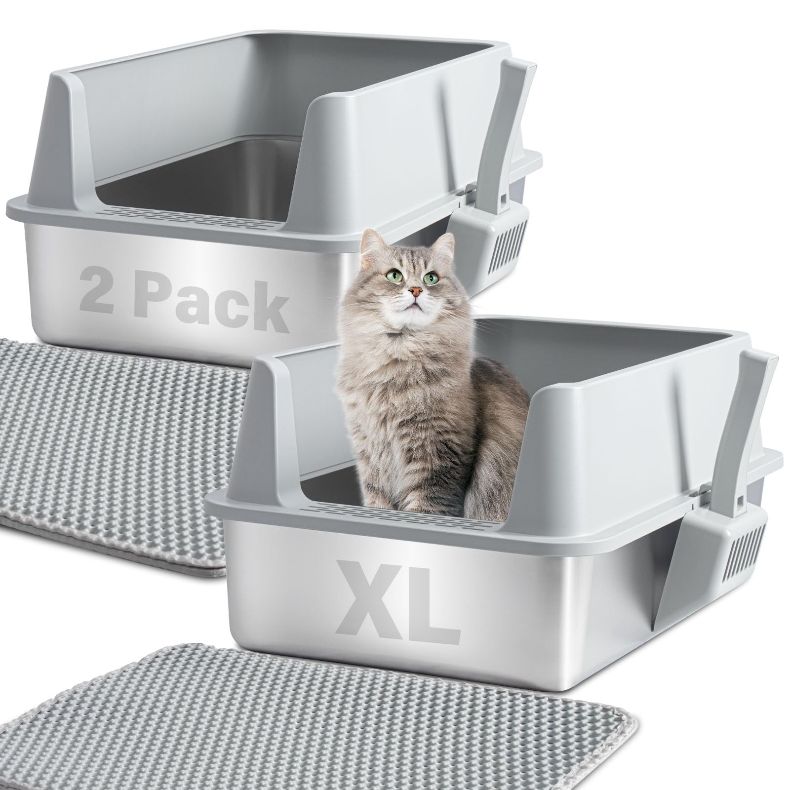 Holintan Stainless Steel Litter Box with Lid, 2 Pack Metal Litter Box XL, Extra Large Cat Litter Boxes for Big/Multiple Cats, An