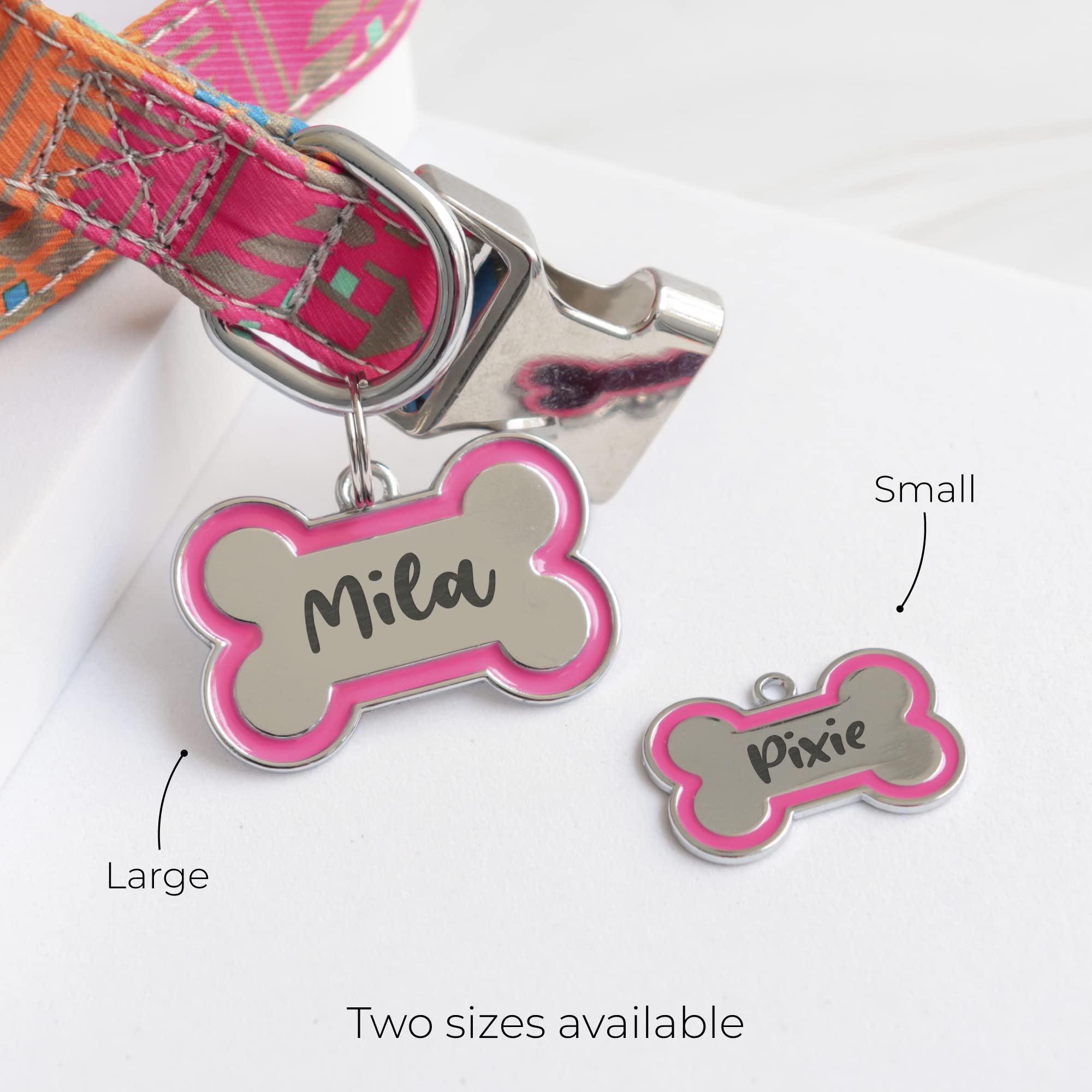 Fancy Dog Id Tags Bone Shaped Stainless Steel Custom Laser Engraved Both Sides With Up To 4 Lines Of Text, Pet Name Tags Persona