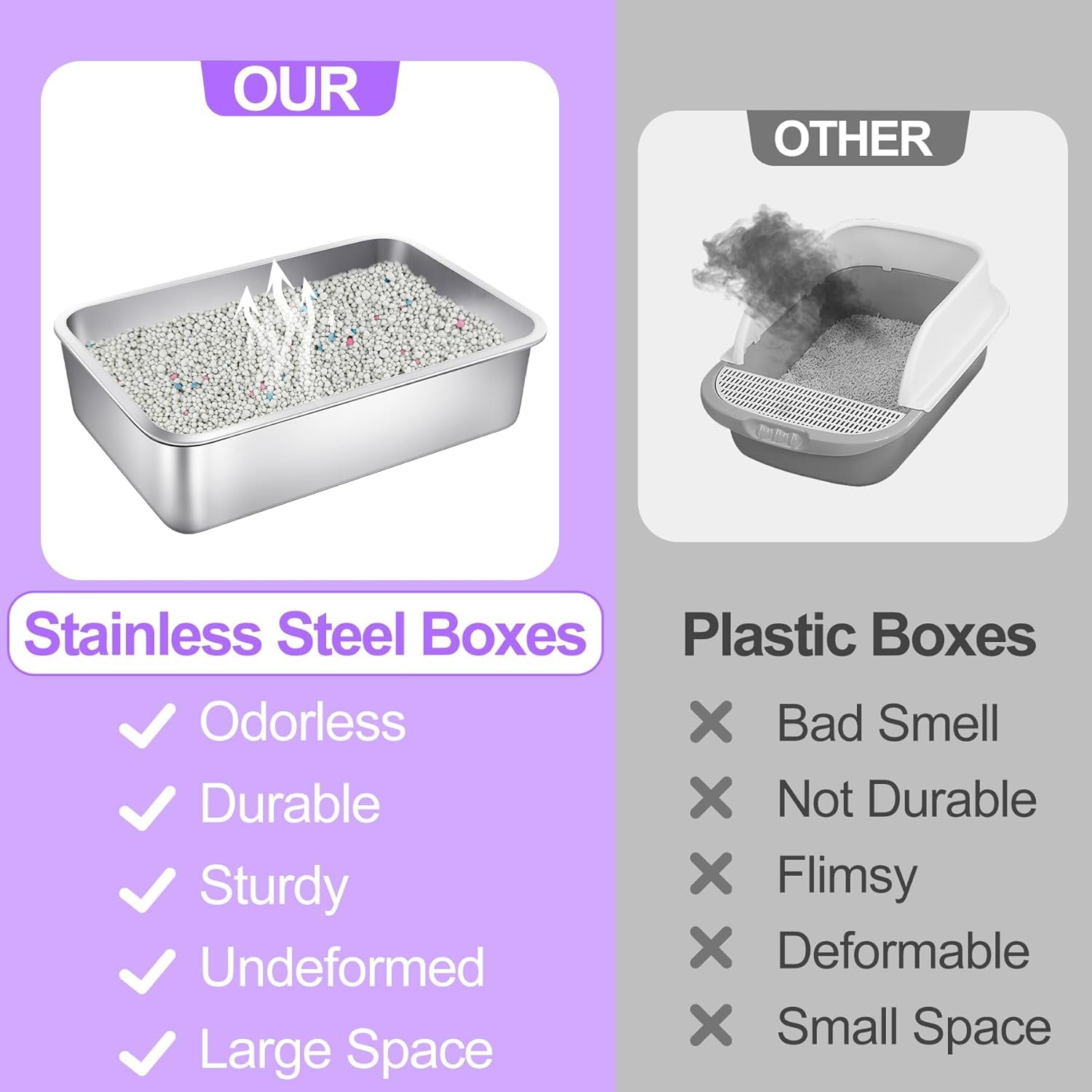 Phepetroll 3 Pack Stainless Steel Cat Litter Boxes 23.6''L X 15.7''W X 5.9''H Extra Large Metal Litter Boxes With High Side Stur