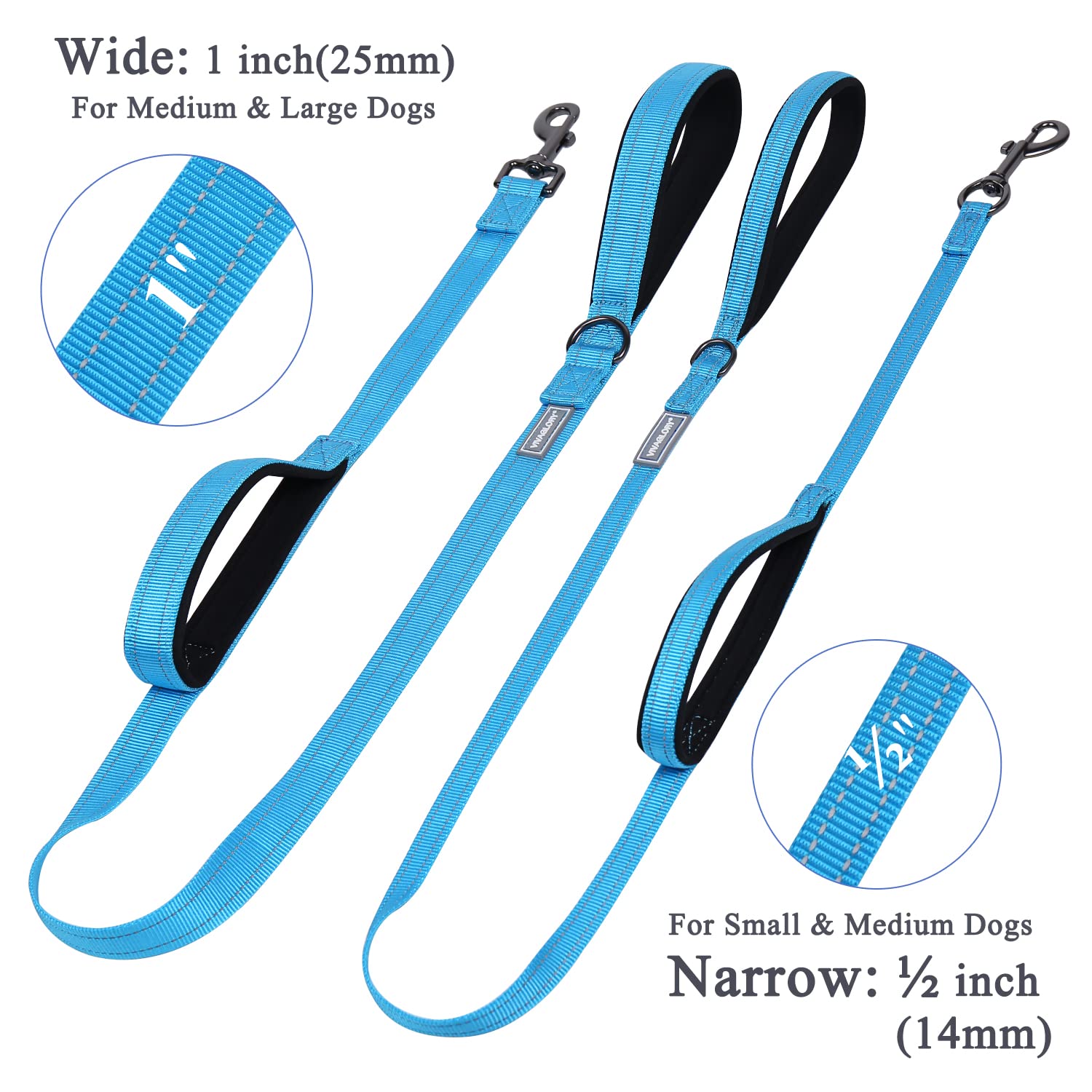 Vivaglory Traffic Handle Dog Leashes, Two Padded Soft Handles Strong Dog Leash, Reflective & Metal Hook Training Dog Lead, Lake