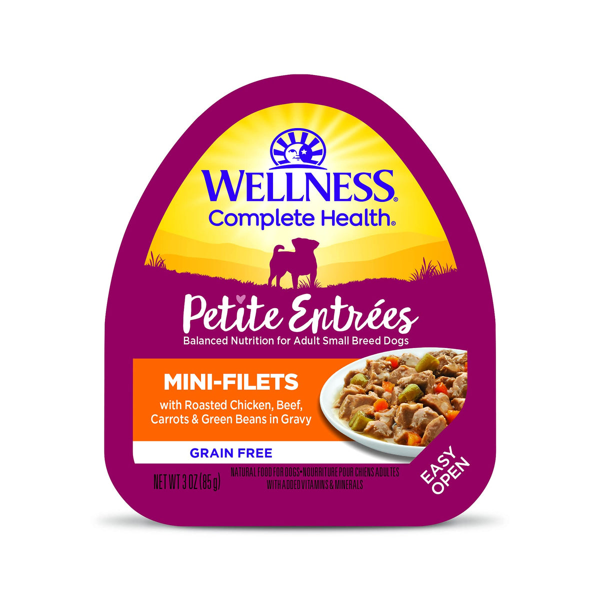 Wellness Petite Entrees Mini Fillets Natural Wet Small Breed Dog Food, Roasted Chicken, Beef, Carrots & Green Beans, 3-Ounce Cup (Pack Of 24)