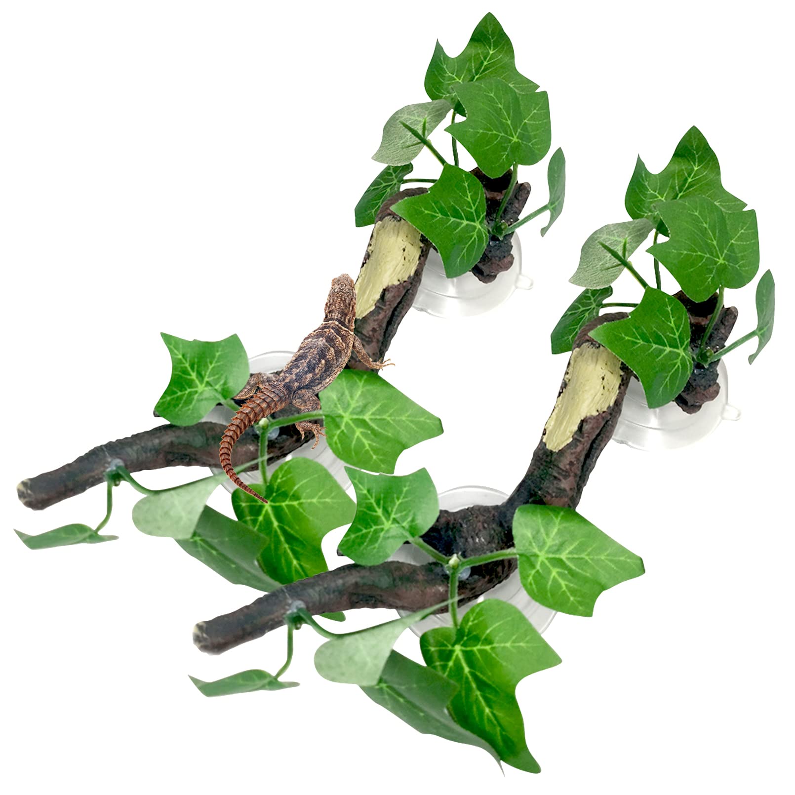 Fhiny 2 PCS Reptile Corner Branch, Resin Climb Tree Branch Decor with Leaves Tank Accessories Terrarium Plant Ornament with Suct