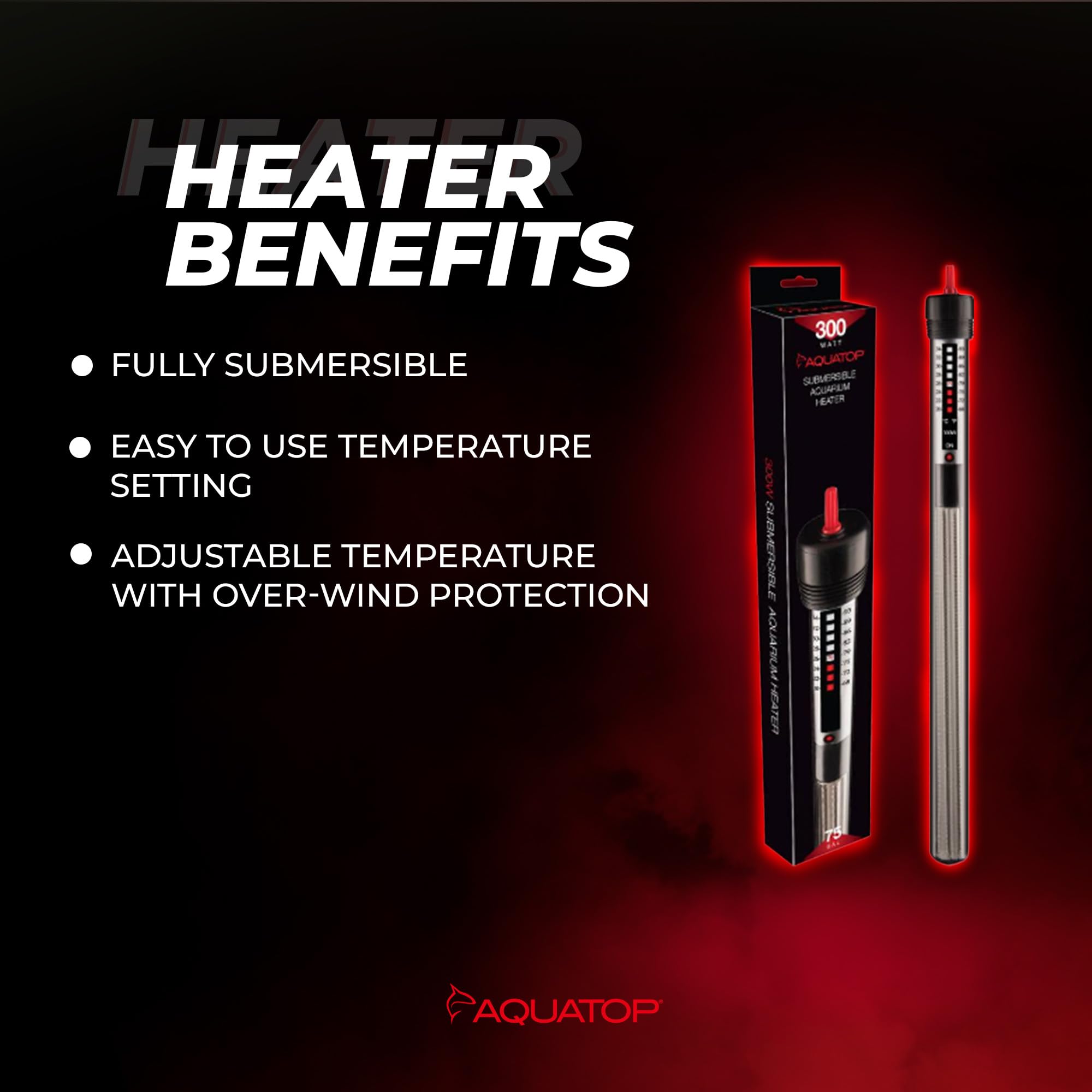 Aquatop 300W Titanium Heater With Anti-Overwind Knob – Adjustable Temperature – For 75 Gallons – 14.5' Height – For Freshwater & Saltwater Tanks