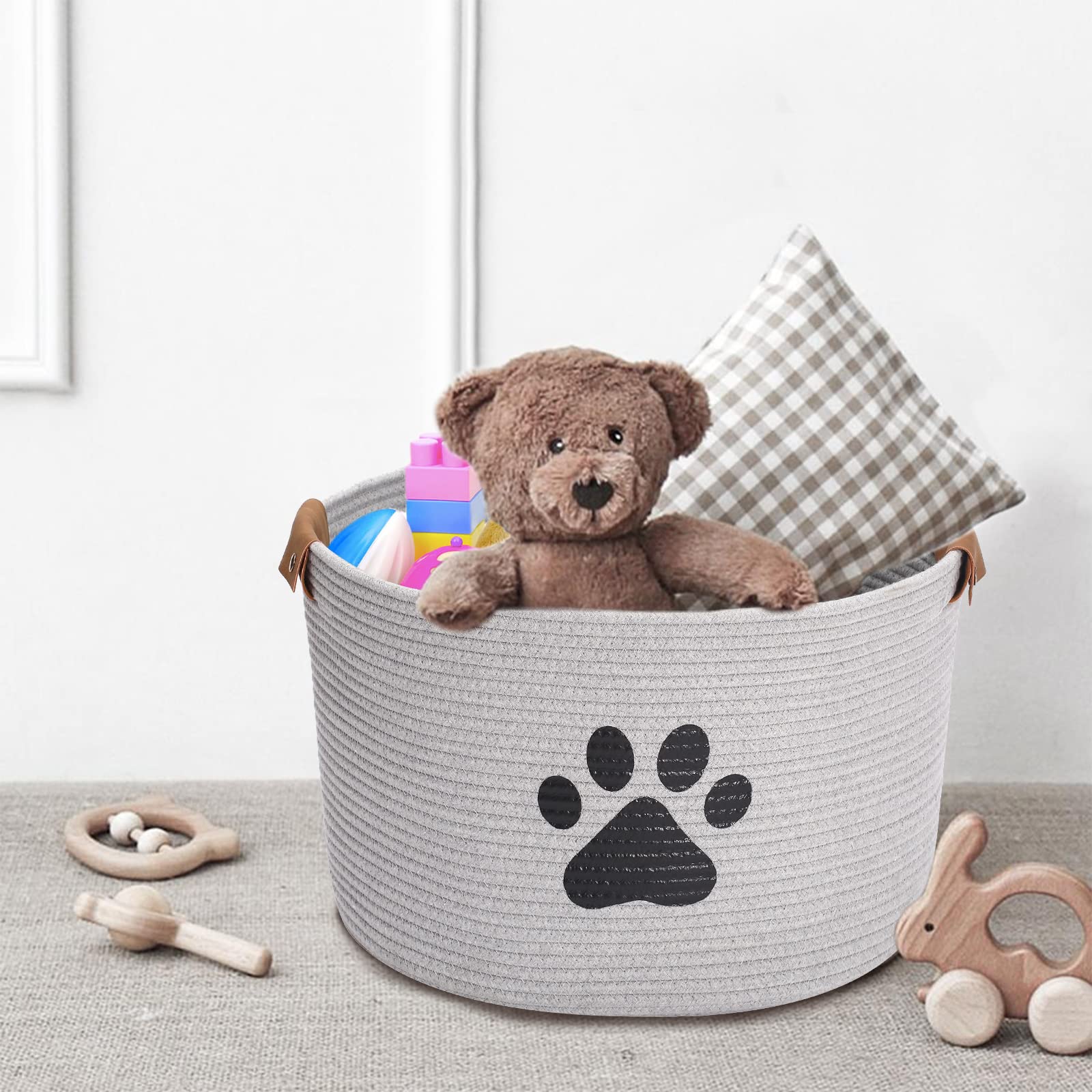 Geyecete Round Dog dog toy basket storage weave Rope Storage Basket Pet/Doy Toy Box Dog Storage Basket-Gray