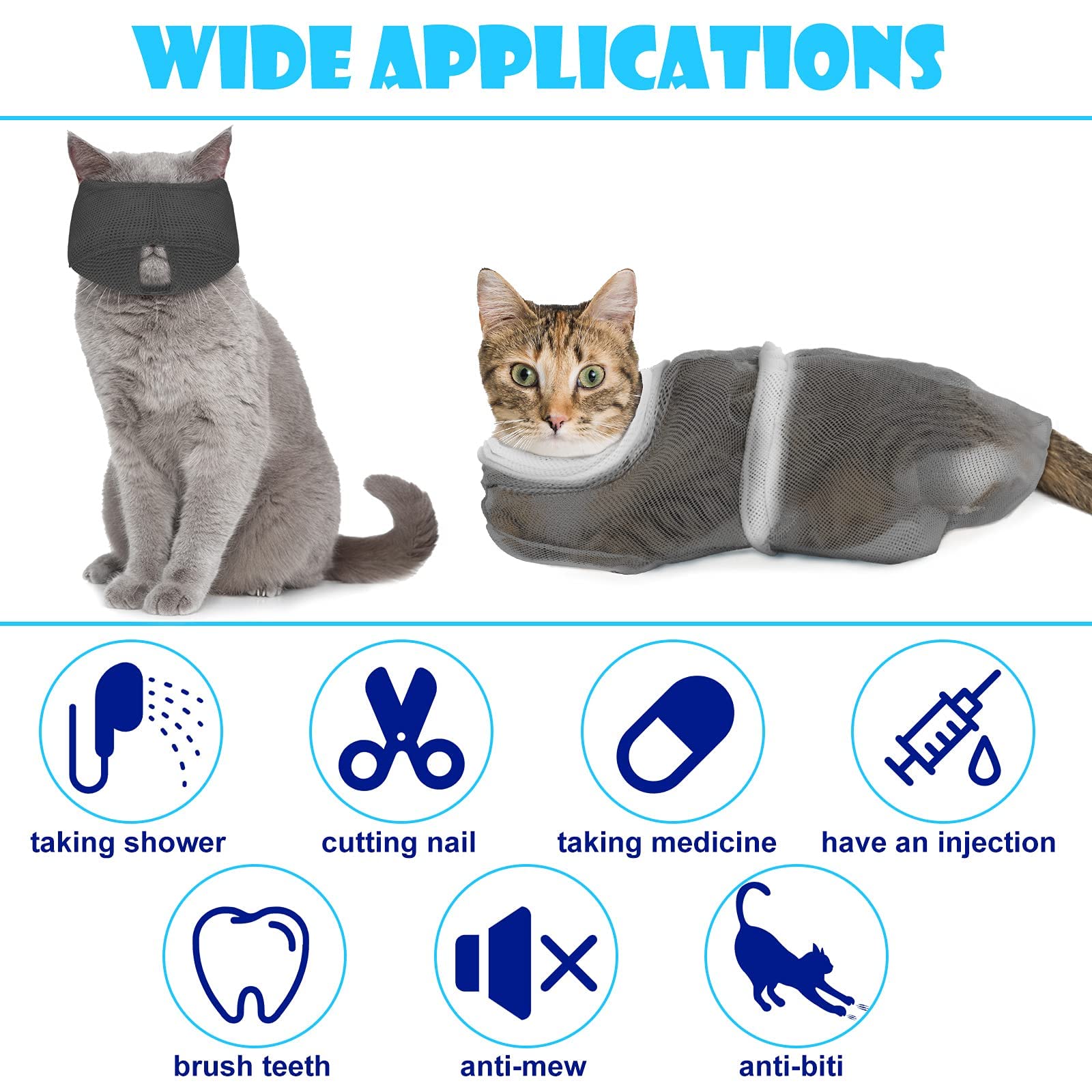5 Pieces Cat Bathing Bag Set Cat Grooming Bag Adjustable Pet Shower Net Bag Cat Muzzles Anti-Bite Anti-Scratch Nail Clipper Tick Remover Tool Massage Brush For Bathing Cleaning Trimming (Grey-White)