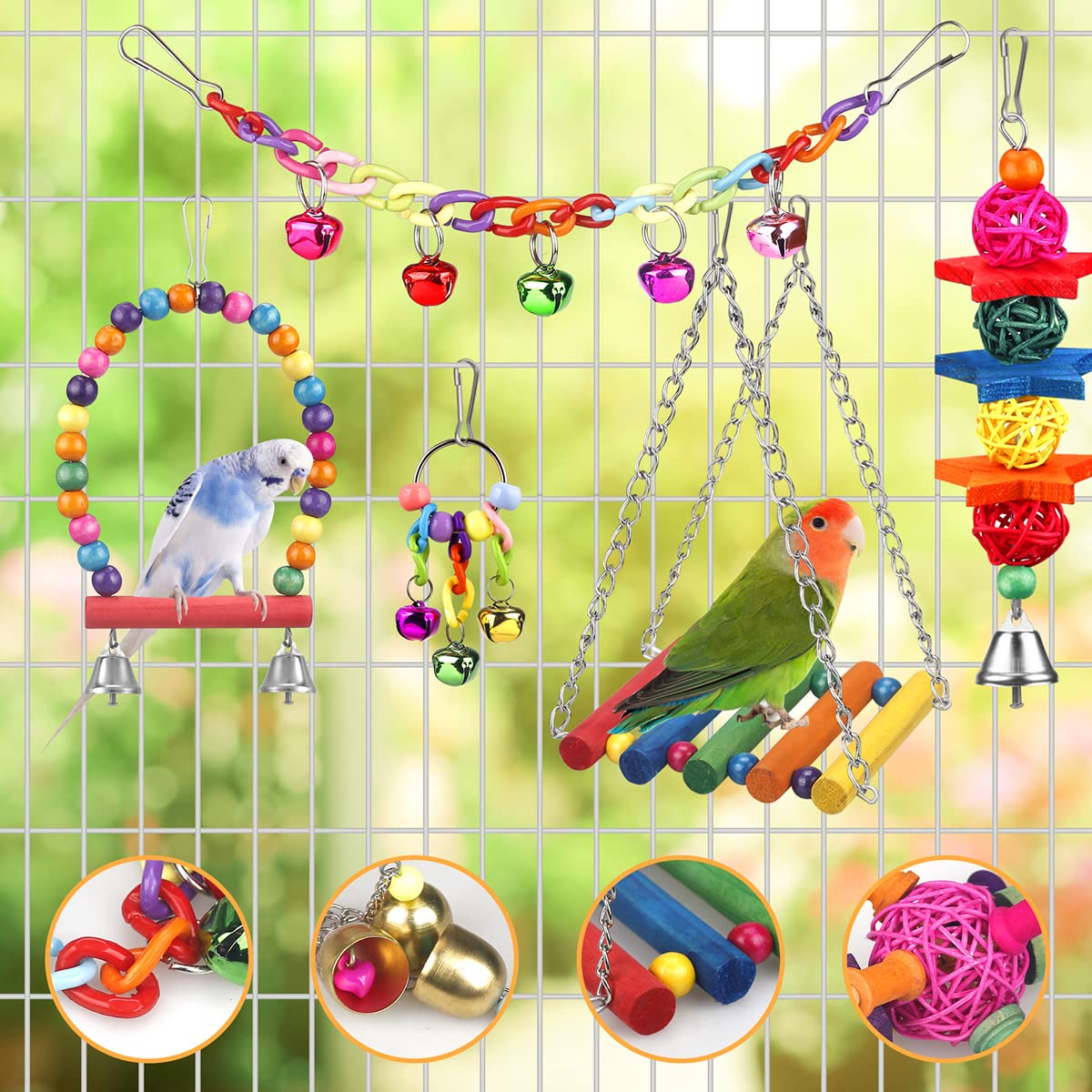Bird Toys For Conures With Colorful Ladder Hammock Bird Cage Accerious Bird Perch Stand Chewing Toys Hanging Bell For Parrot Par