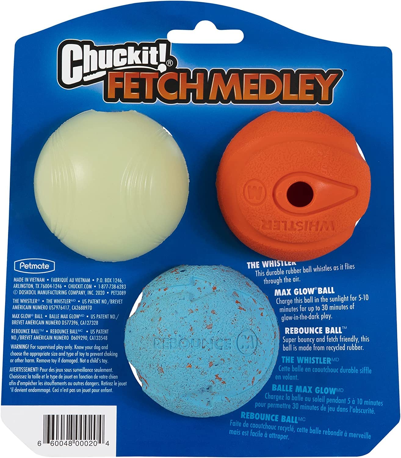 Chuckit! Fetch Medley Balls Medium Whistler, Max Glow, Rebounce -Pack Of 3 Units