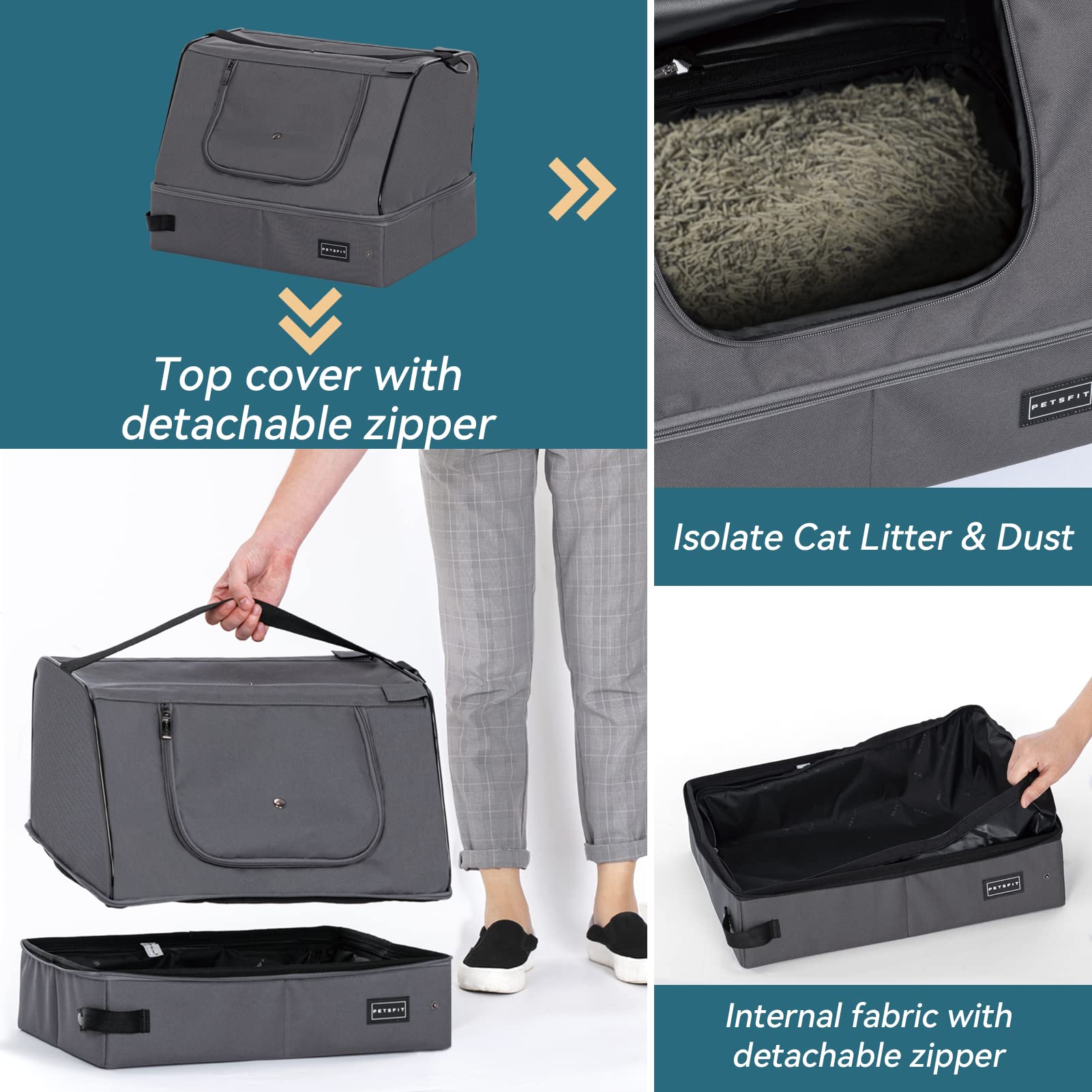 Petsfit Upgrade Travel Portable Cat Litter Box For Medium Cats & Kitties,Leak-Proof, Lightweight, Foldable (Gray(With Lid), 17' Lx13 Wx12.5 H)