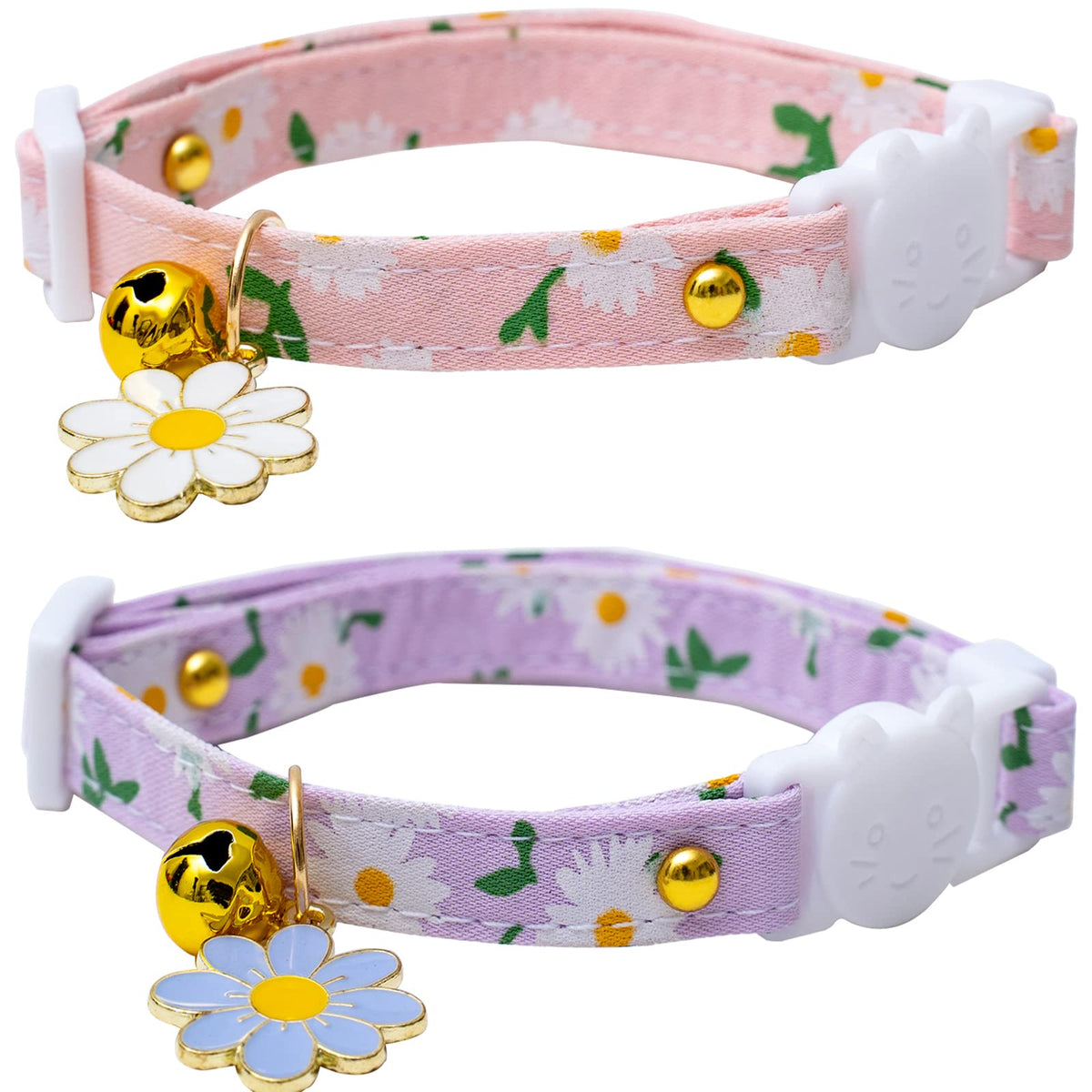 Faygarsle 2 Pack Cotton Breakaway Cat Collars With Bell Flower Pendant Kitty Kitten Collars Pink Purple Collar For Female Girl Cats Male Boy Cats