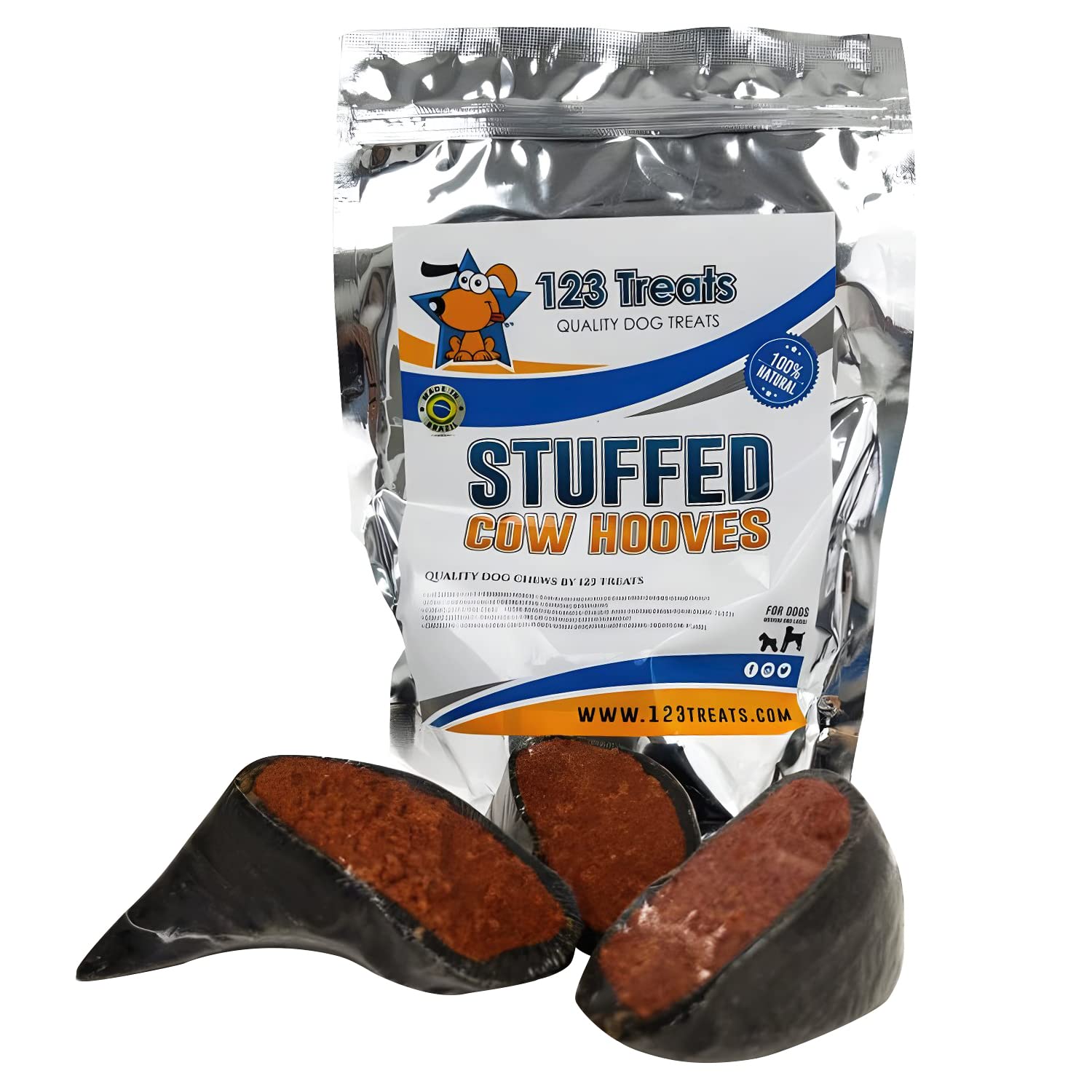 123 Treats Filled Cow Hooves for Dogs - Delicious Beef Flavor Dog Treats (10 Count), Long-Lasting Natural Dog Chews, Stuffed Bee