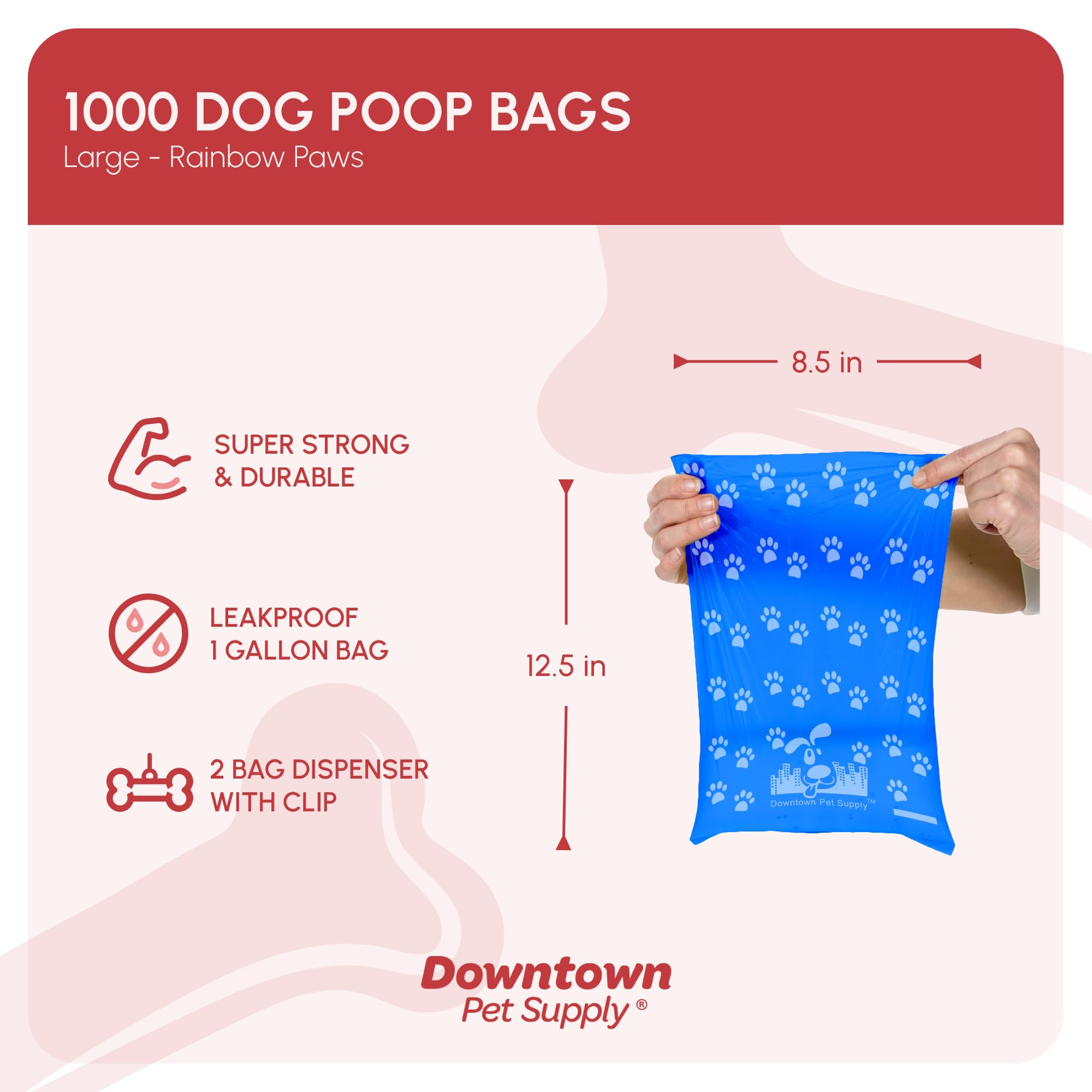 Downtown Pet Supply Poop Bags For Dogs With Dispenser, 1000 Count - Leak-Proof Dog Waste Bags And Bone-Shaped Dog Poop Bags Holder For Leash - Rainbow With Paw Prints, 12.5' X 8.5'