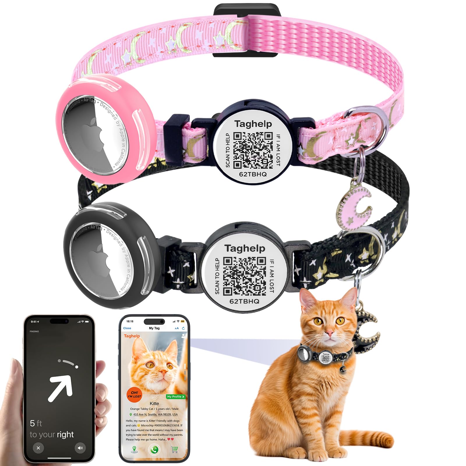 2-Pack Waterproof Breakaway Cat Collars With Moons & Stars Design - Adjustable Apple Airtag Holder & Qr Code Safety Tracker For 
