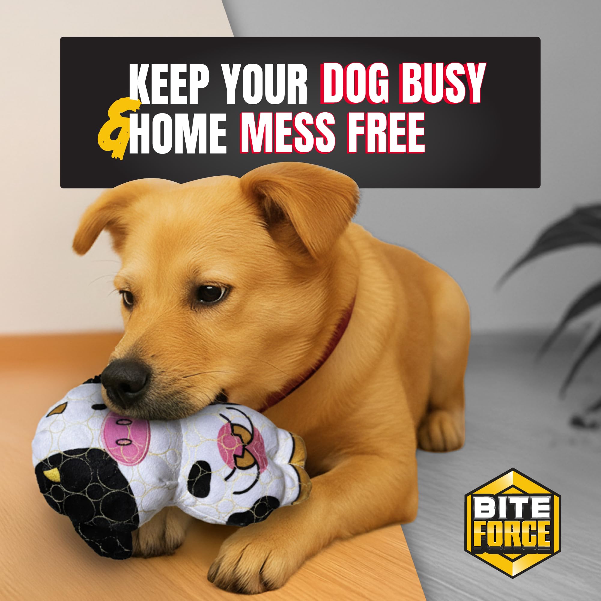 Bite Force -Durable & Strong Dog Toy Cow with Squeaker, Kevlar-Reinforced for Aggressive Chewers for Small Medium Large Dogs - W