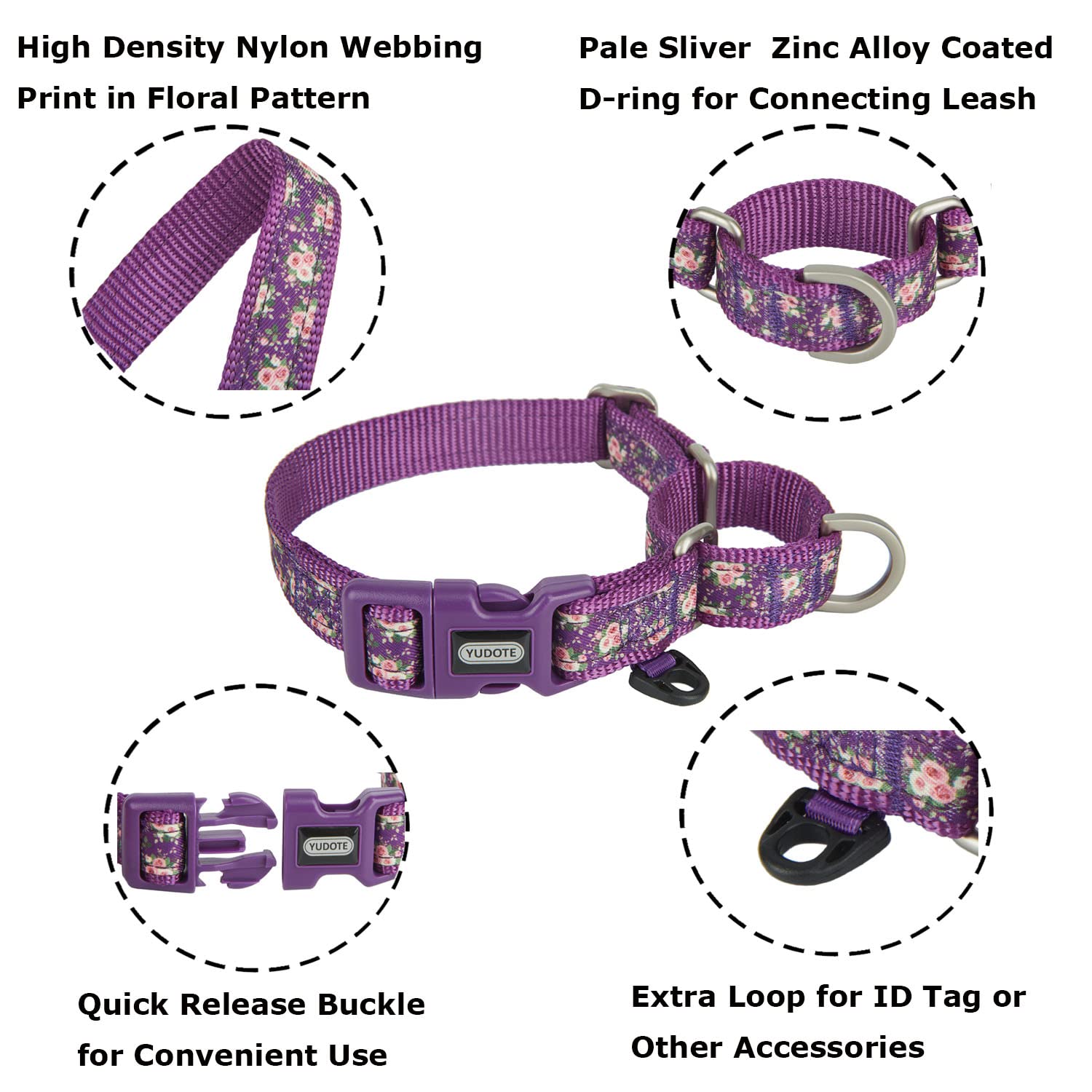 YUDOTE Martingale Dog Collar - Floral Nylon, No Pull, Medium (15"-19"), Purple
