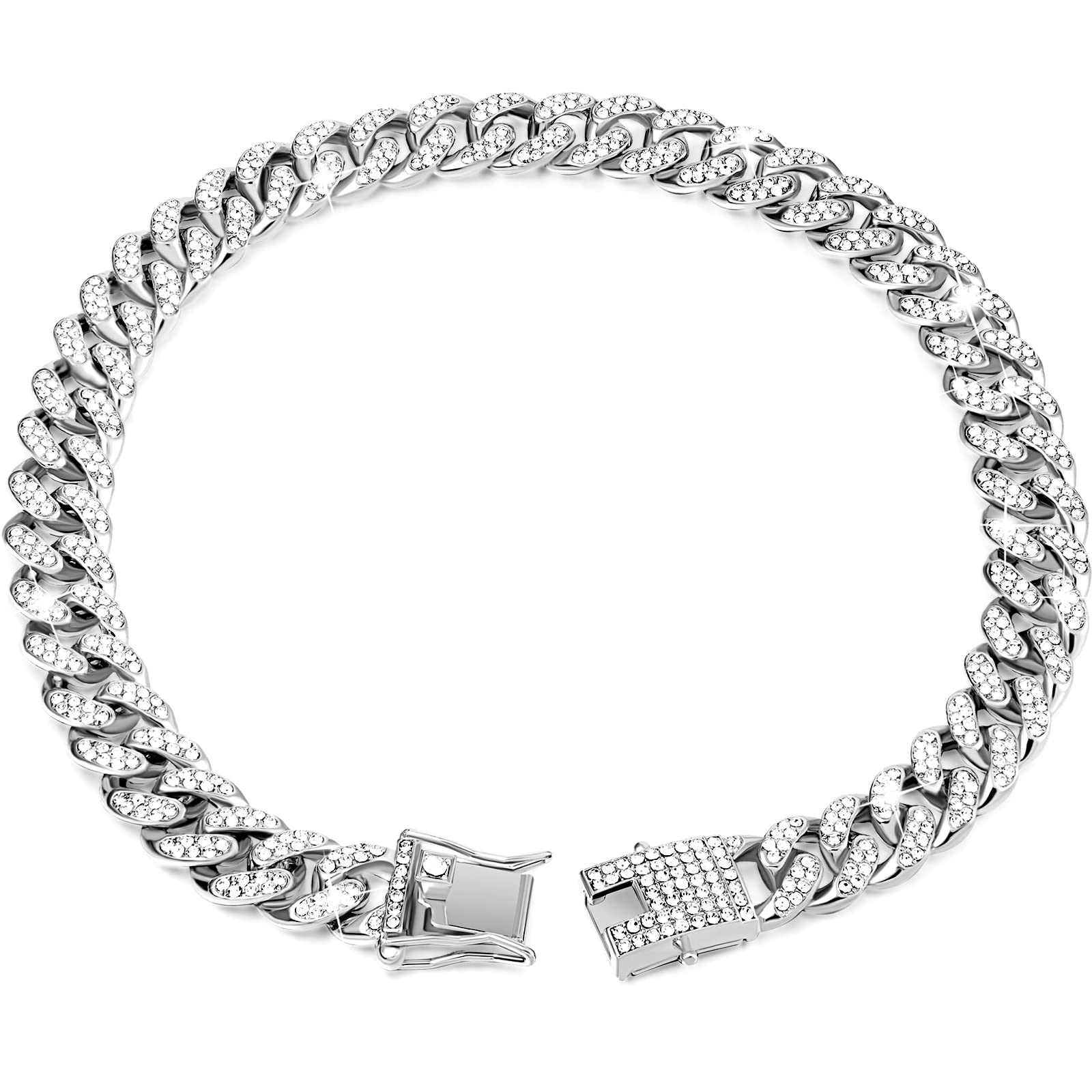 Tallew Dog Chain Diamond Cuban Collar Walking Metal Chain Collar With Design Secure Buckle, Pet Cuban Collar Jewelry Accessories For Small Medium Large Dogs Cats (Silver, 22 Inch)