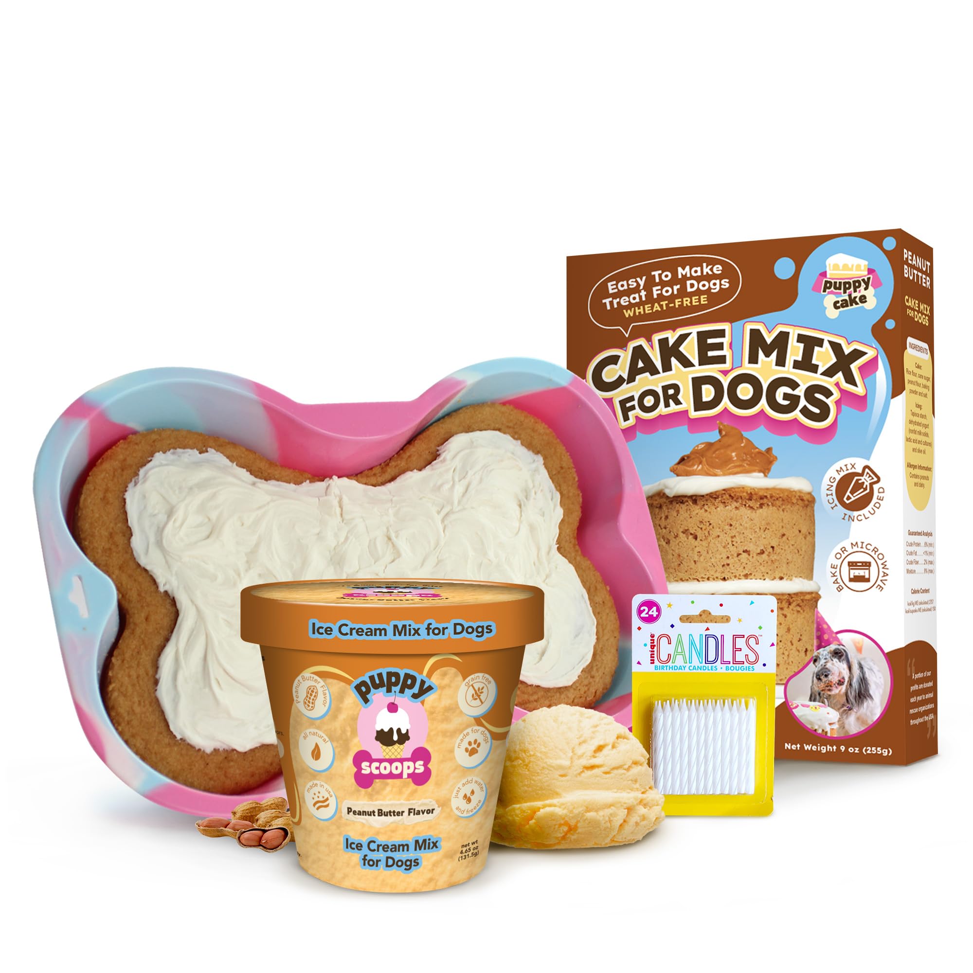 Puppy Cake Cake and Ice Cream All Natural Fluffy & Moist Dog Birthday Cake Kit in with Peanut Butter, Your Choice of Ice Cream M