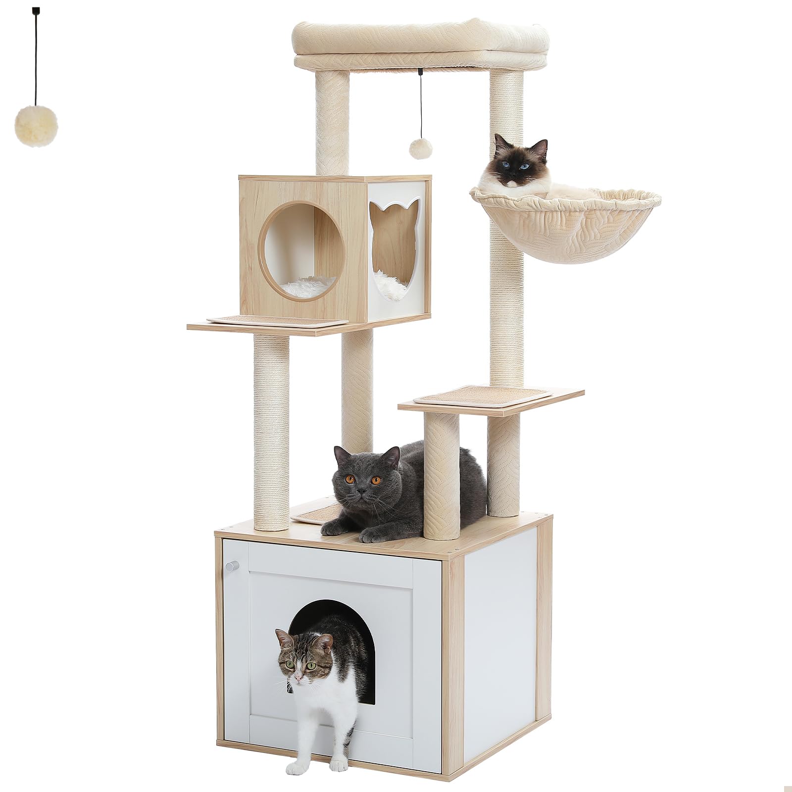 Miomum Tall Cat Tree With Litter Box Enclosure 56.7 Wooden Cat Tower For Large Cats With Cat Hammock House Bed (Wood Beige)