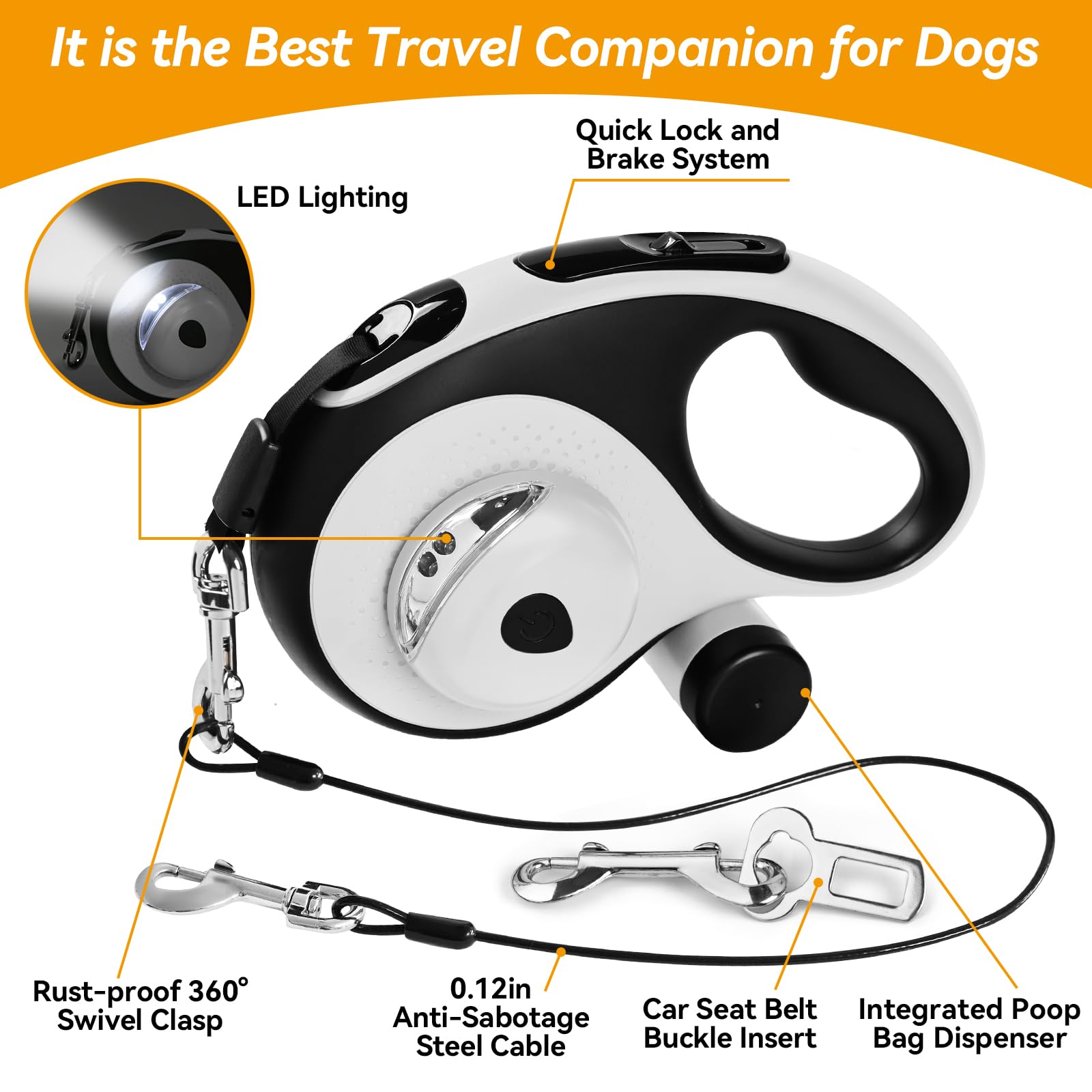 ODRIEW Retractable Dog Leash for Large Dogs, 16ft, Heavy Duty, Chew Proof, LED Light, White, Model MAS-5W