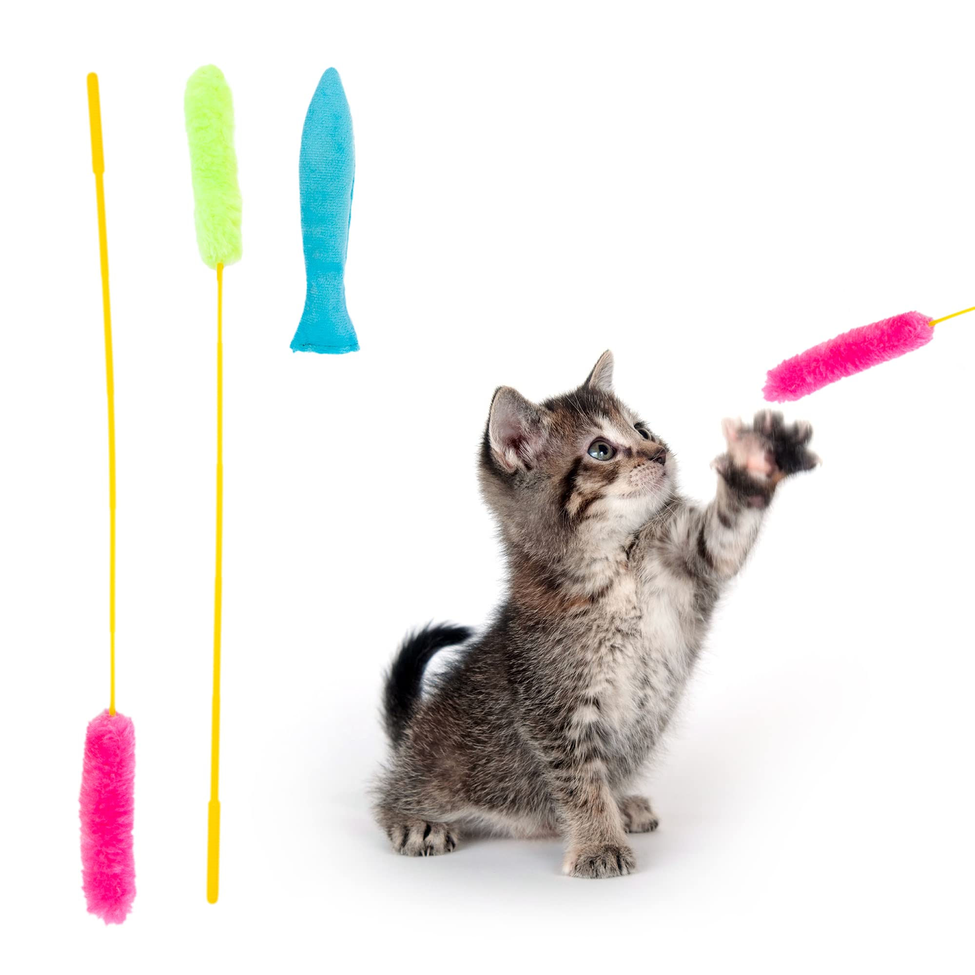 Alabongcat, Interactive Catnip Cat Toy, A Blue Fish Catnip Toy (Filled With Natural Catnip) And Pink & Green Cat Teaser Wand Toy