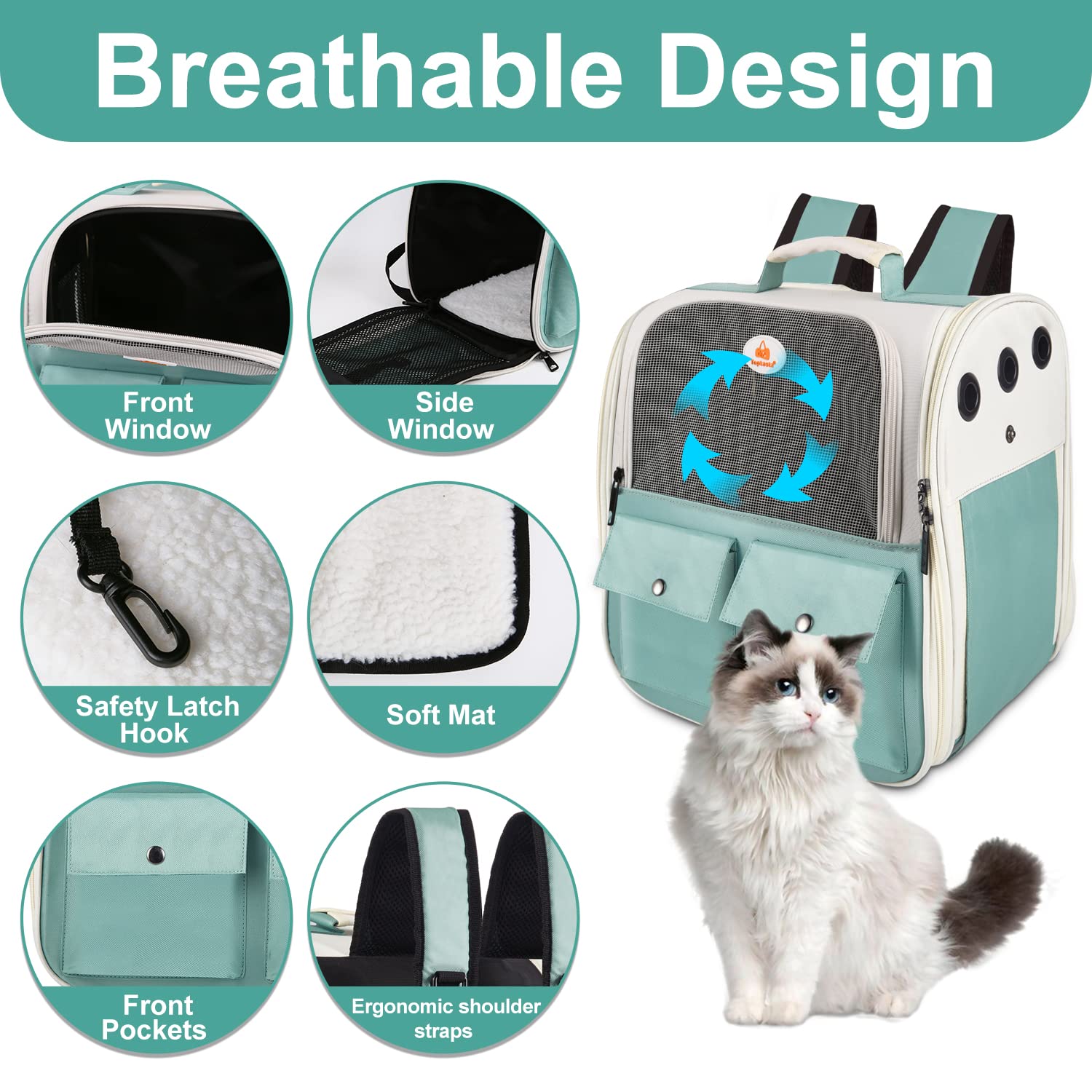 Top Tasta Cat Backpack Carrier, Airline Approved, Ventilated Design, Breathable Mesh For Small Cats And Dogs For Hiking And Camping, Carry Up To 25 Pounds (Light Blue)