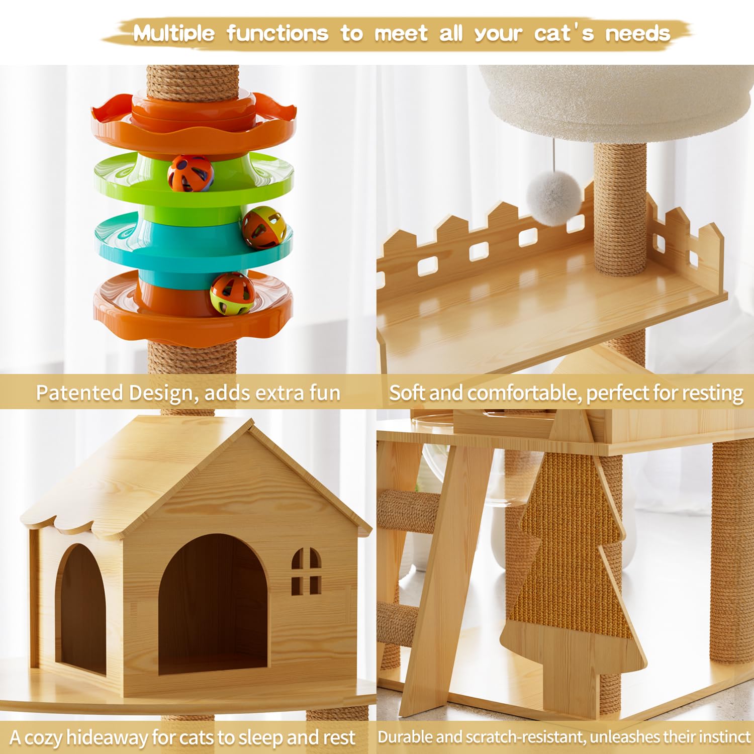 Elegaif Cat Tree, Wood Cat Tree Tower For Indoor Cats, 60.7' Modern Cat Tower With Sisal-Covered Scratching Posts And Top Perch