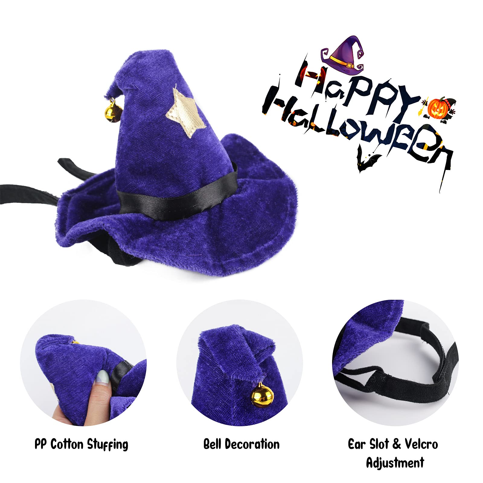 NAMSAN Cat Witch Hat, Funny Cat Halloween Costumes, Doggy Wizard Hat Outfit with Bell, Sorcerer Hat for Cats Small Dogs Cosplay
