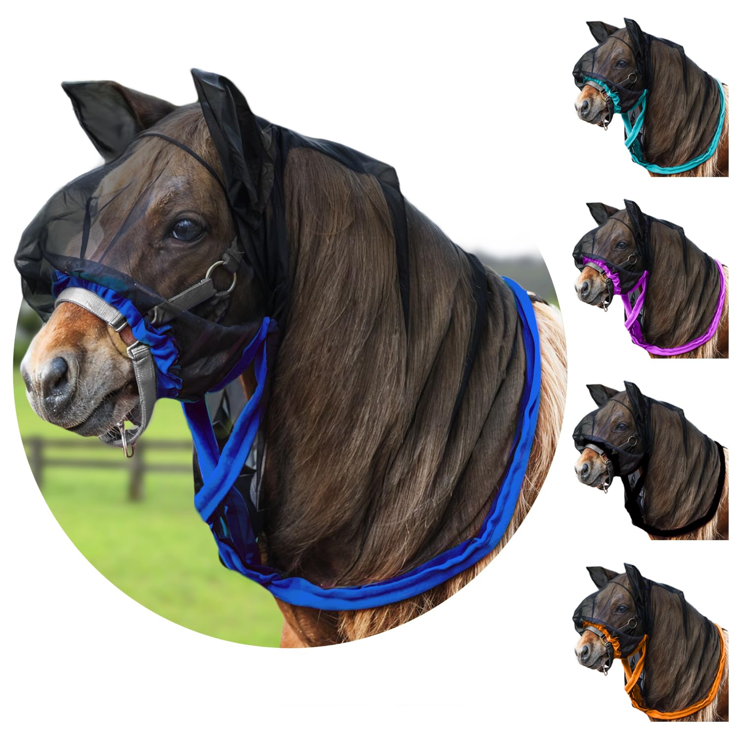 Full Horse Fly Mask with Ears - Blue Full Hoodie Pony/Cobb/Arabian Nose-to-Wither Fly Masks for Horses with Ears Horse Mask with