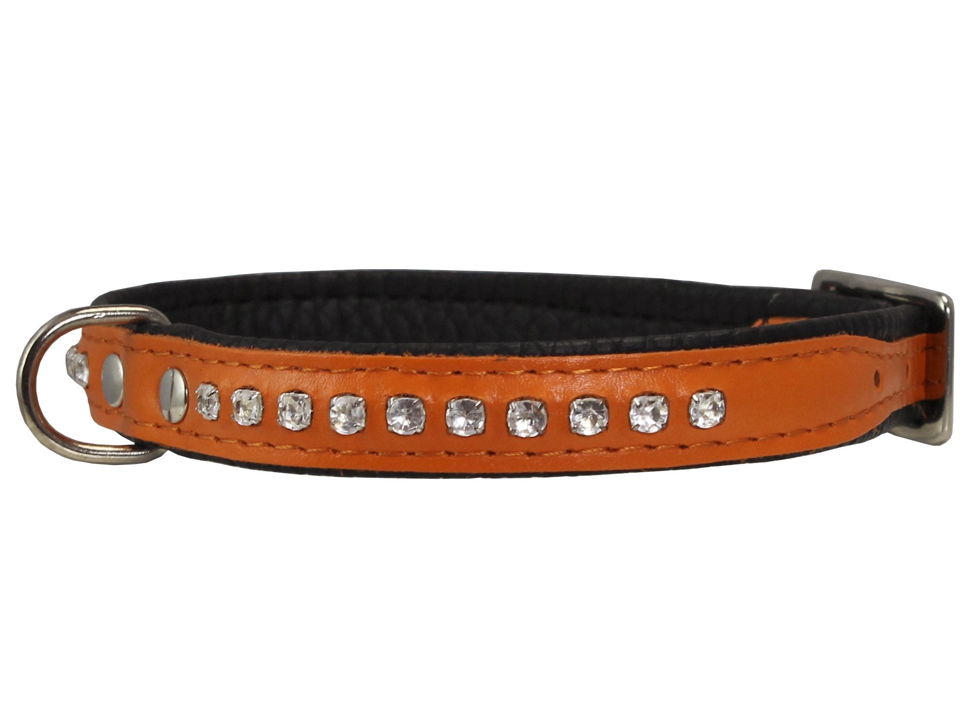 Dogs My Love Rhinestone Genuine Leather Dog Collar (Orange, 8'-9.5' Neck)