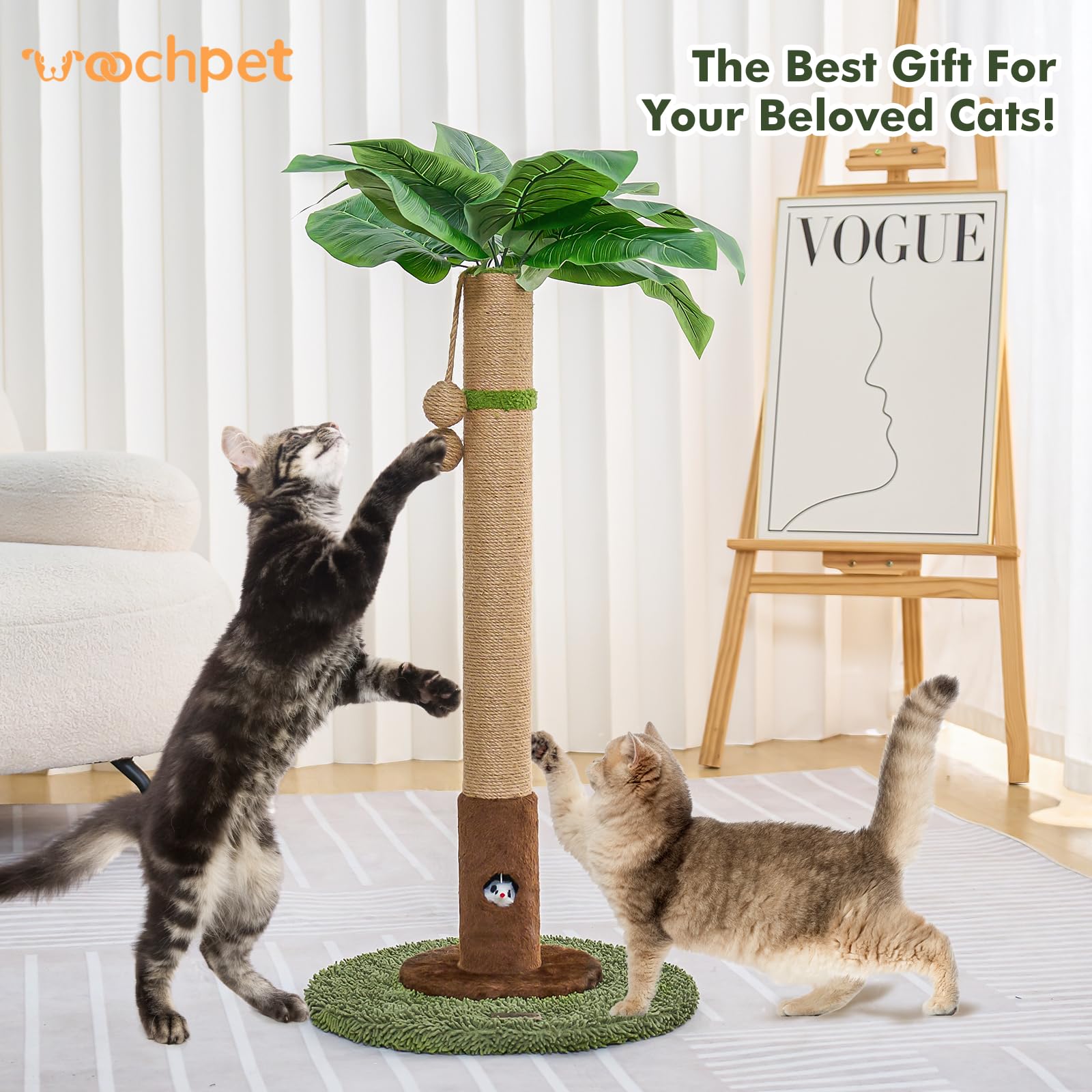 35'' Tall Cat Scratching Post Furniture Scratching Deterrent For Indoor Cats, Hanging Ball With Sturdy Large Scratch Pole Premiu