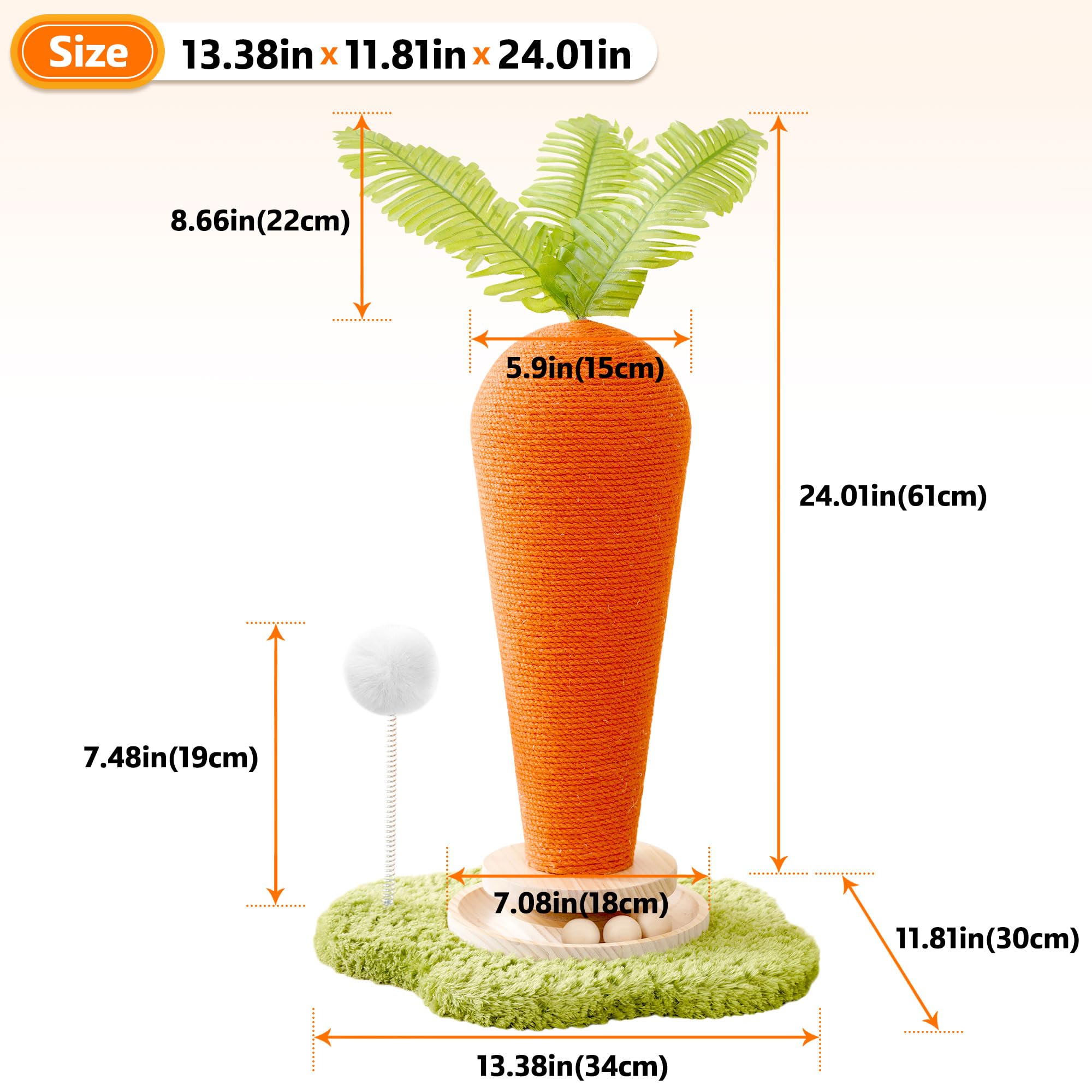 24' H Cat Scratching Post Carrot With Catnip, Cute Cat Scratcher Post With Durable Natural Wooden Turntable Toy, Carrot Shape De