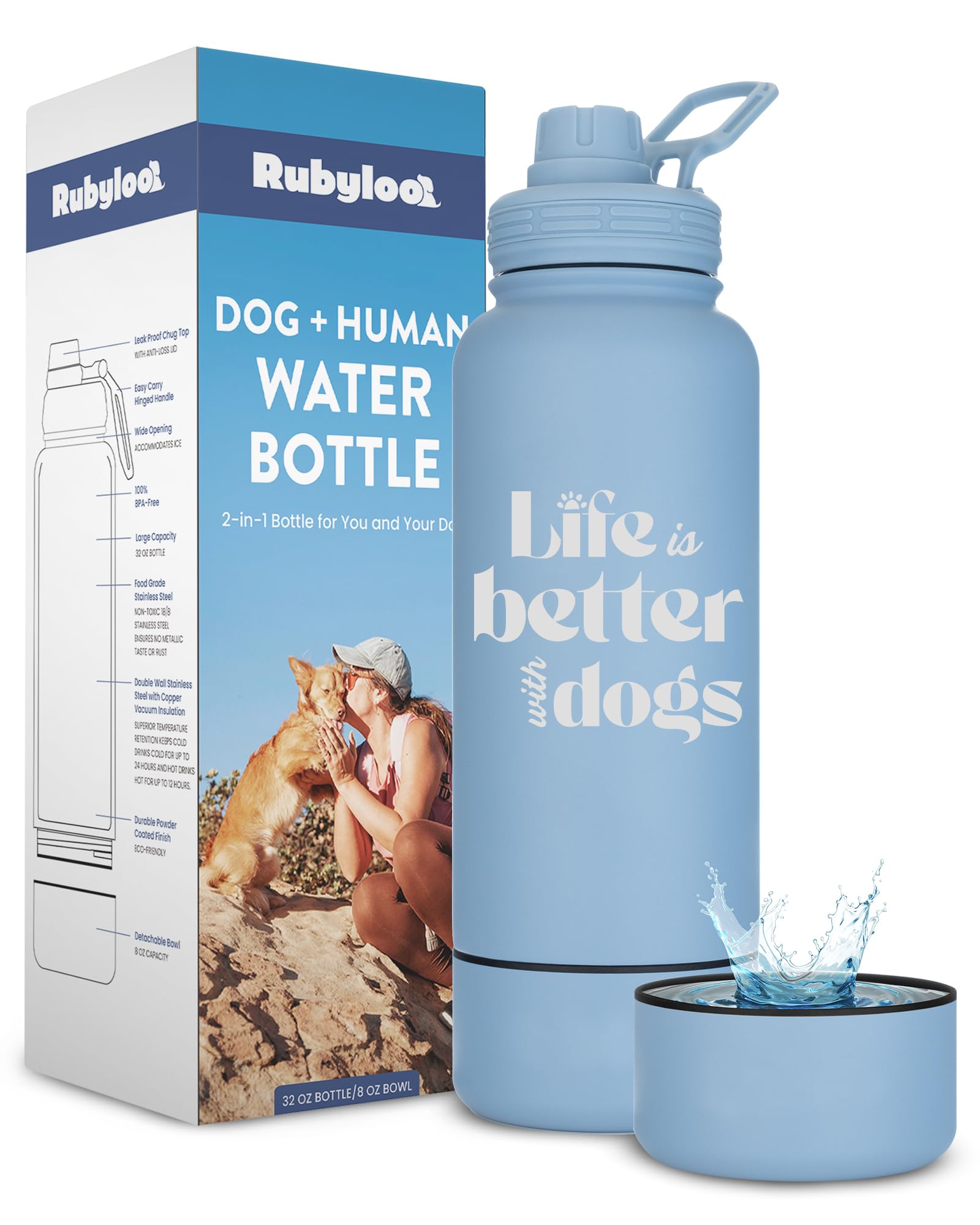 Dog Water Bottle For Dog Lovers - 32 Oz Stainless Steel Double Wall Insulated Water Bottle With 8 Oz Detachable Bowl - Doggy Lov