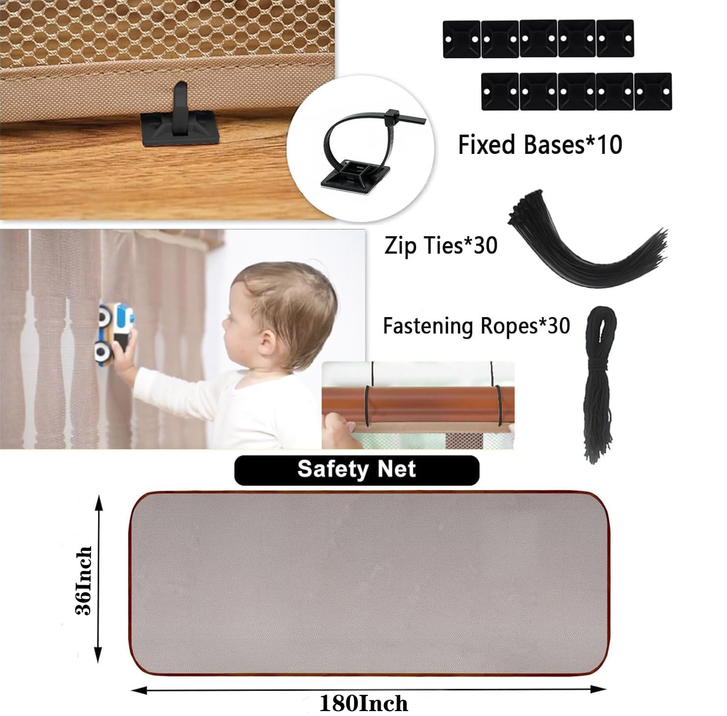 Balcony Netting for Pets, Stairway Net for Balcony, 15ft x 3ft Banister Guard for Baby, Child Safety Net for Dogs Cats Kids Chil