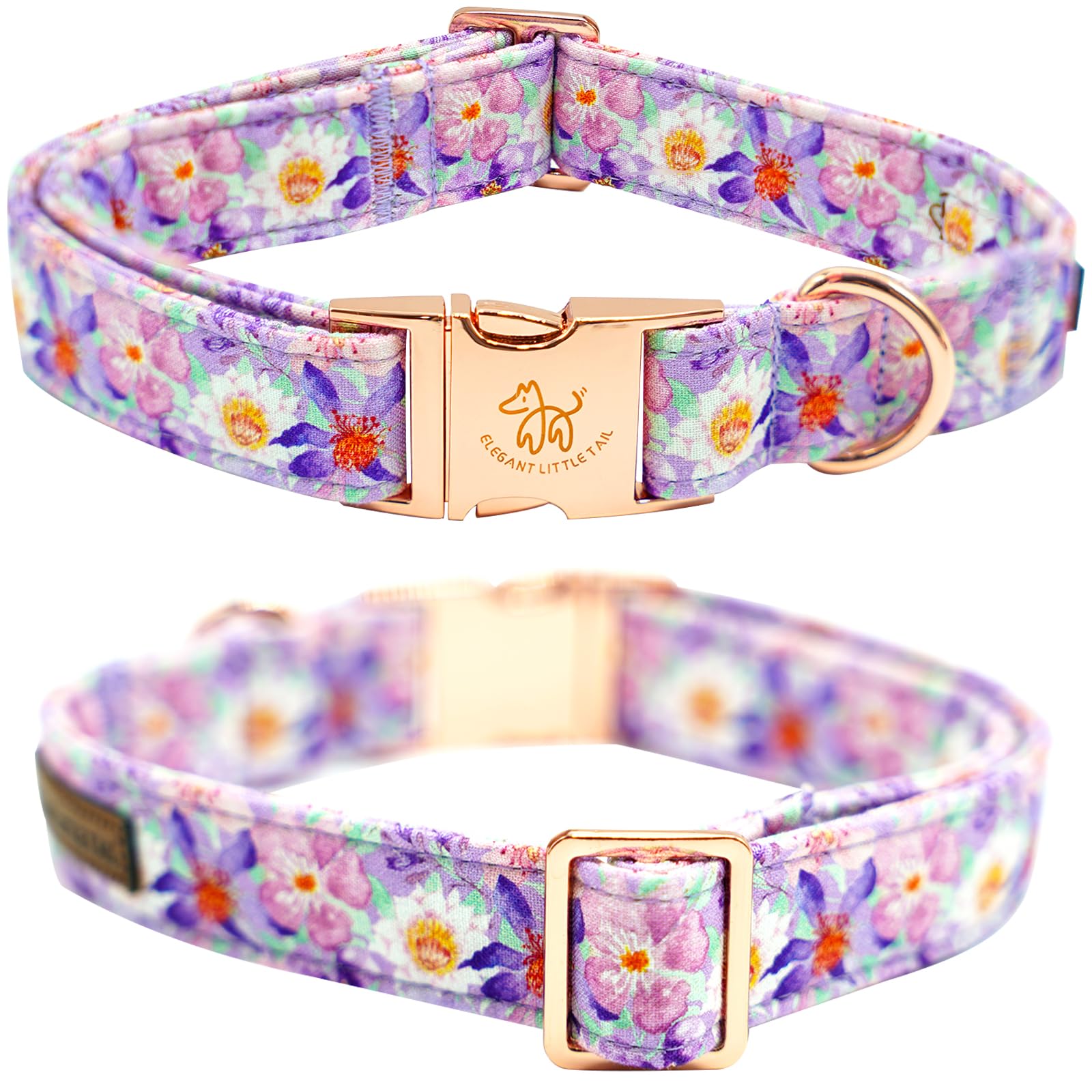 Elegant Little Tail Purple Floral Print Summer Dog Collar - Cotton, Durable, Metal Buckle For Large Dogs